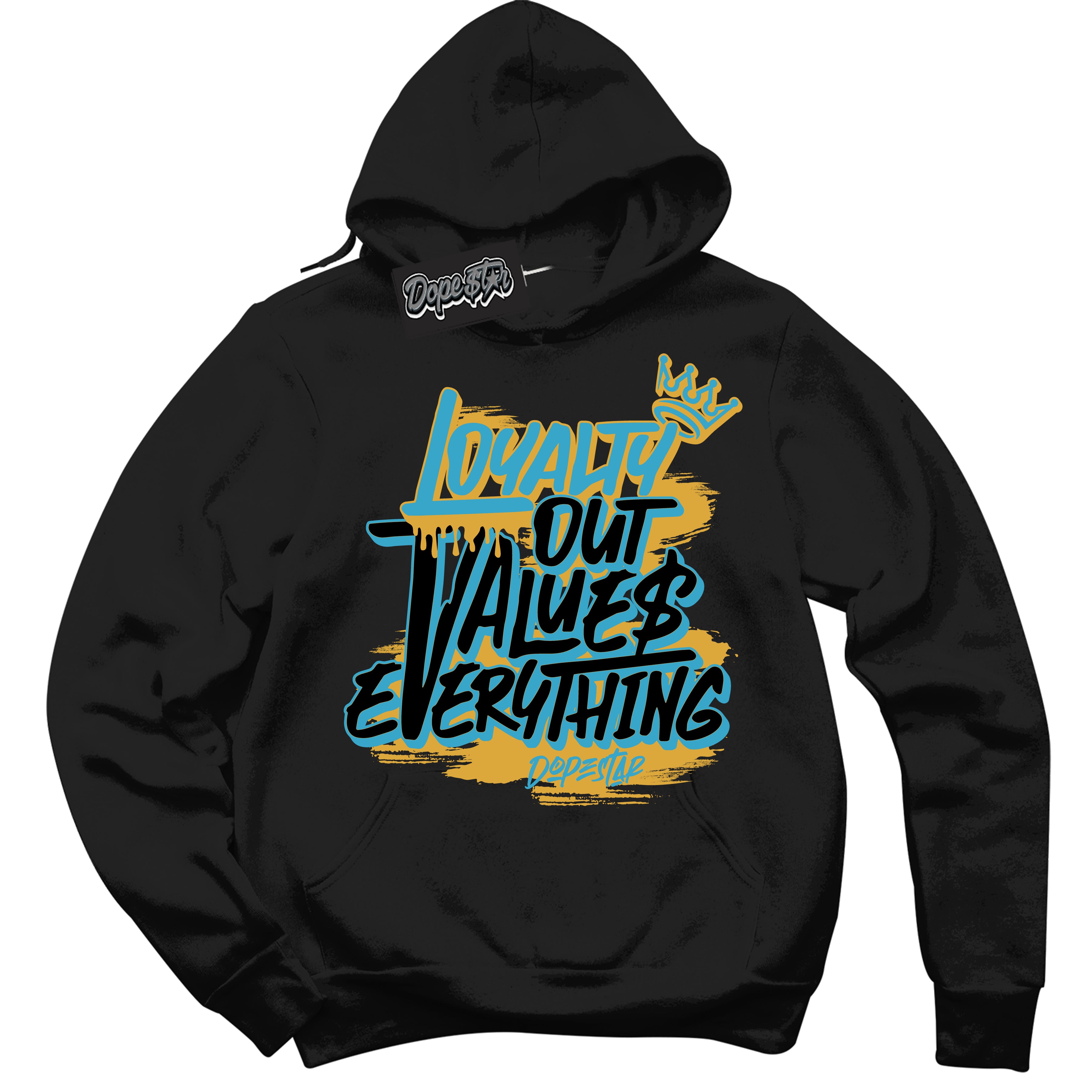 Cool Black Hoodie with “ Loyalty Out Values Everything ” design that Perfectly Matches Aqua 5s Sneakers.