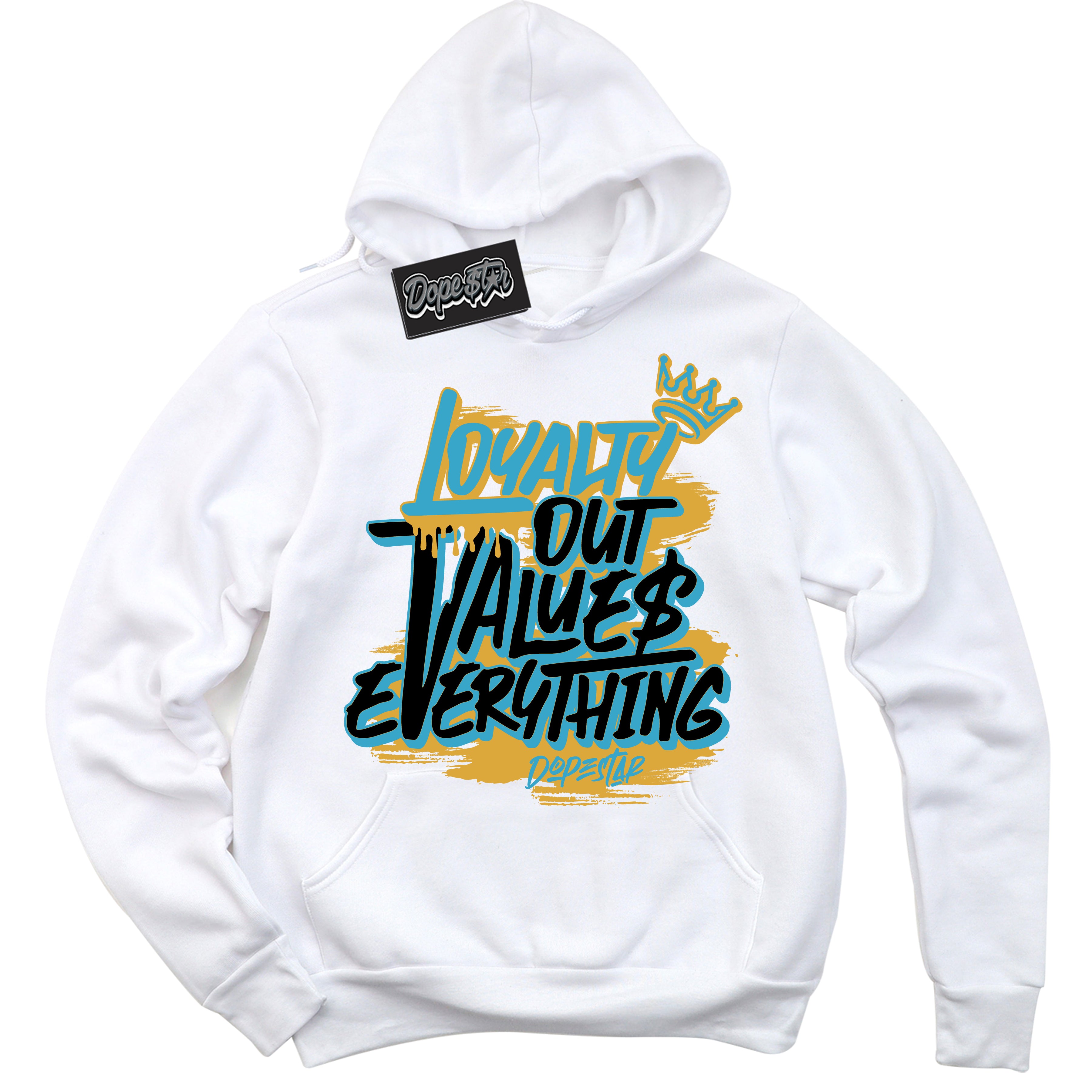 Cool White Hoodie with “ Loyalty Out Values Everything ” design that Perfectly Matches Aqua 5s Sneakers.