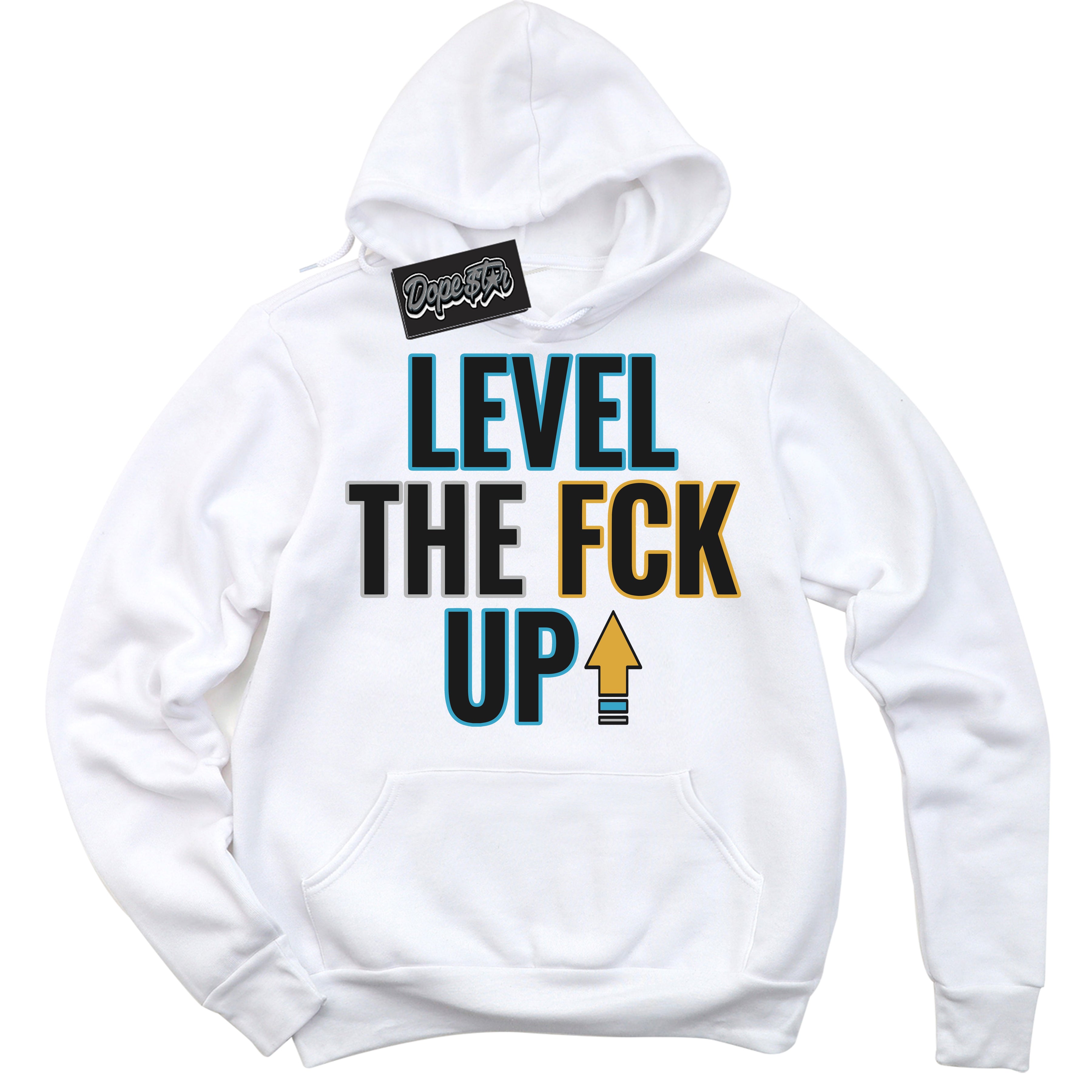 Cool White Hoodie with “ Level The Fck Up ” design that Perfectly Matches Aqua 5s Sneakers.
