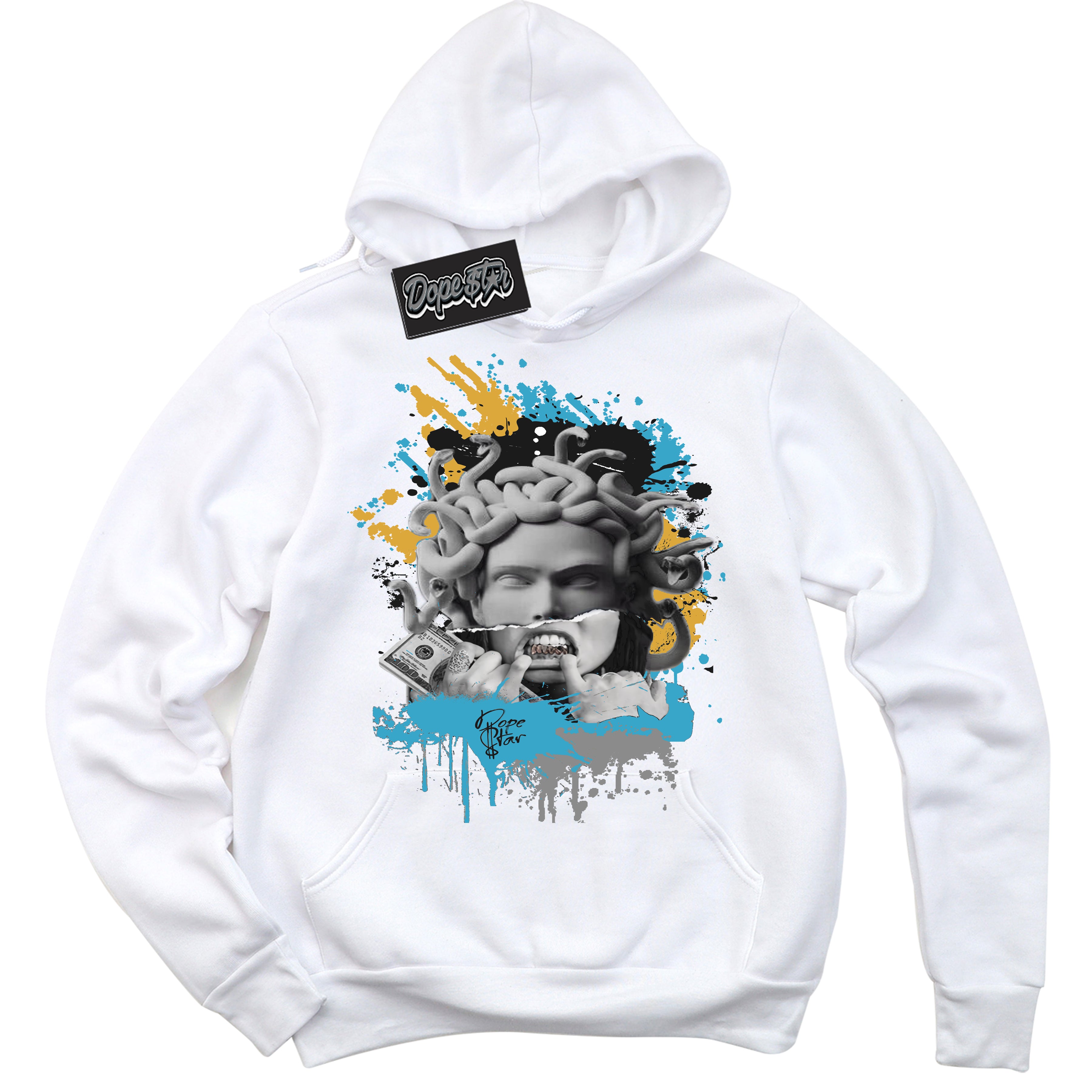 Cool White Hoodie with “ Medusa ” design that Perfectly Matches Aqua 5s Sneakers.