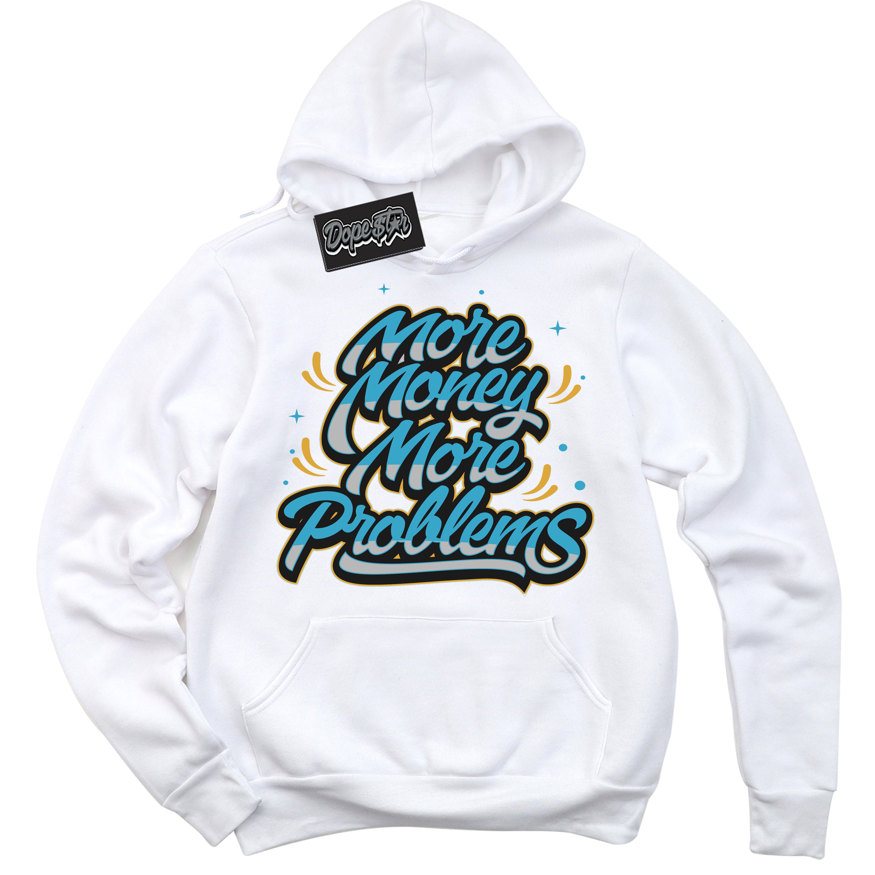 Cool White Hoodie with “ More Money More Problems ” design that Perfectly Matches Aqua 5s Sneakers.