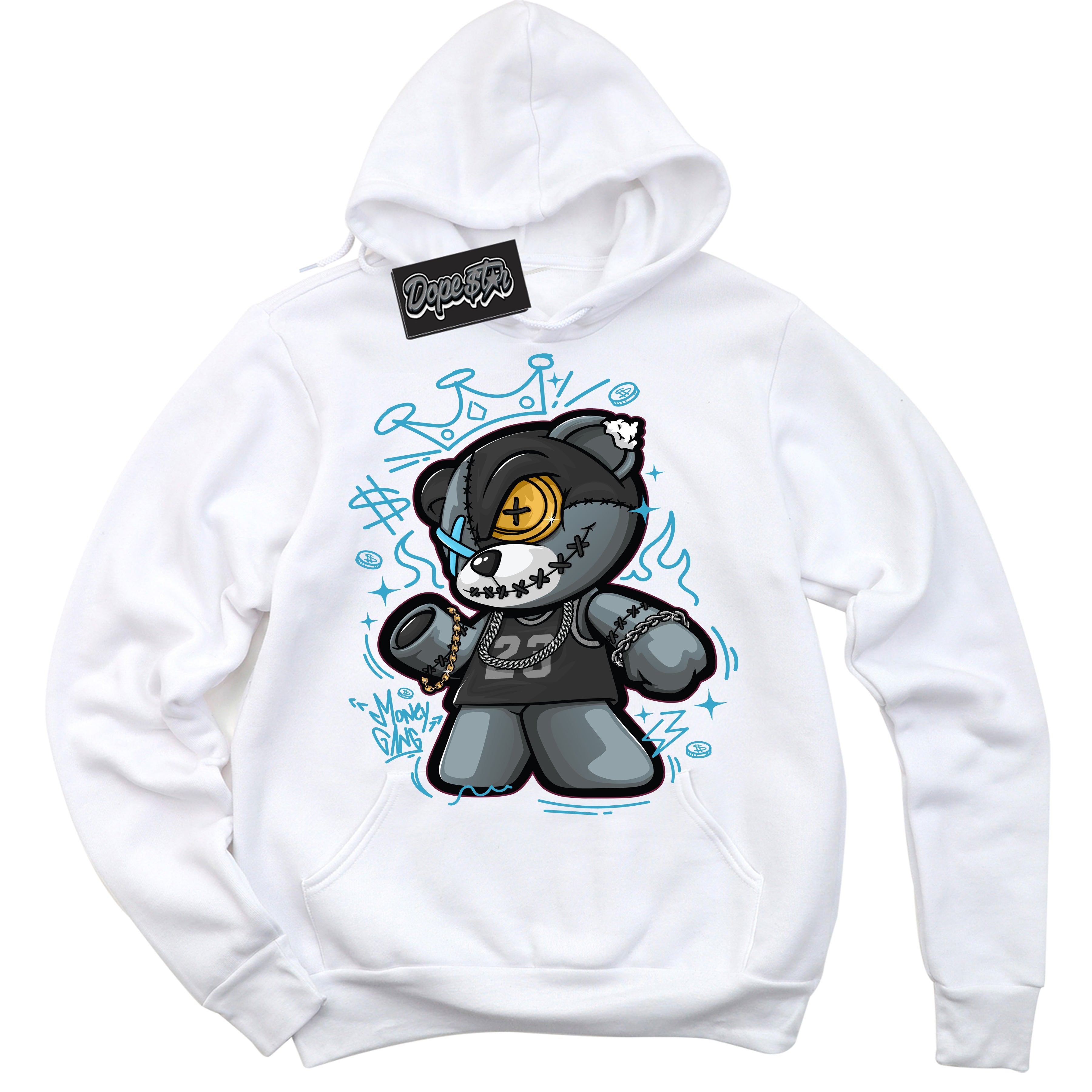 Cool White Hoodie with “ Money Gang Bear ” design that Perfectly Matches Aqua 5s Sneakers.