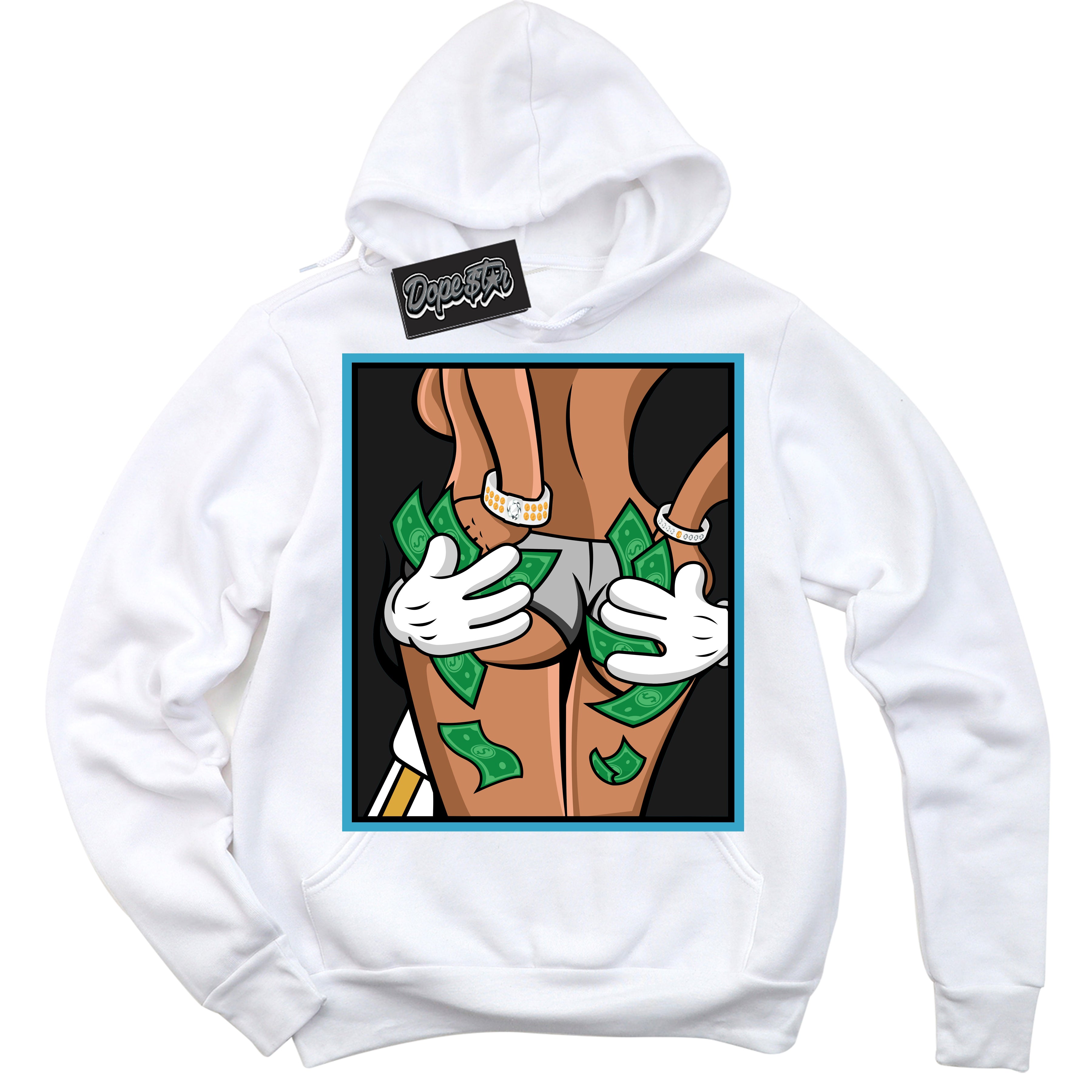 Cool White Hoodie with “ Money Hands ” design that Perfectly Matches Aqua 5s Sneakers.