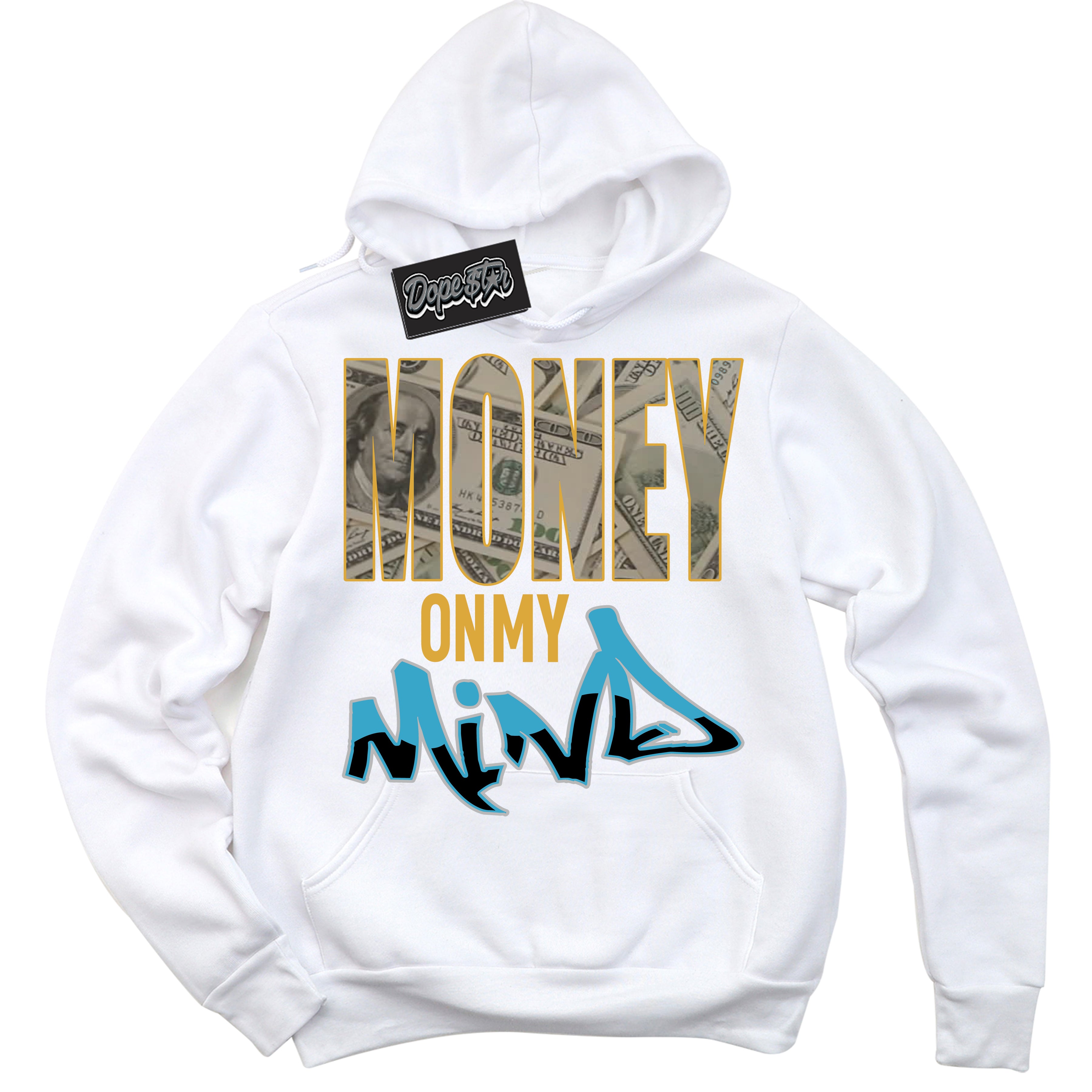 Cool White Hoodie with “ Money On My Mind ” design that Perfectly Matches Aqua 5s Sneakers.