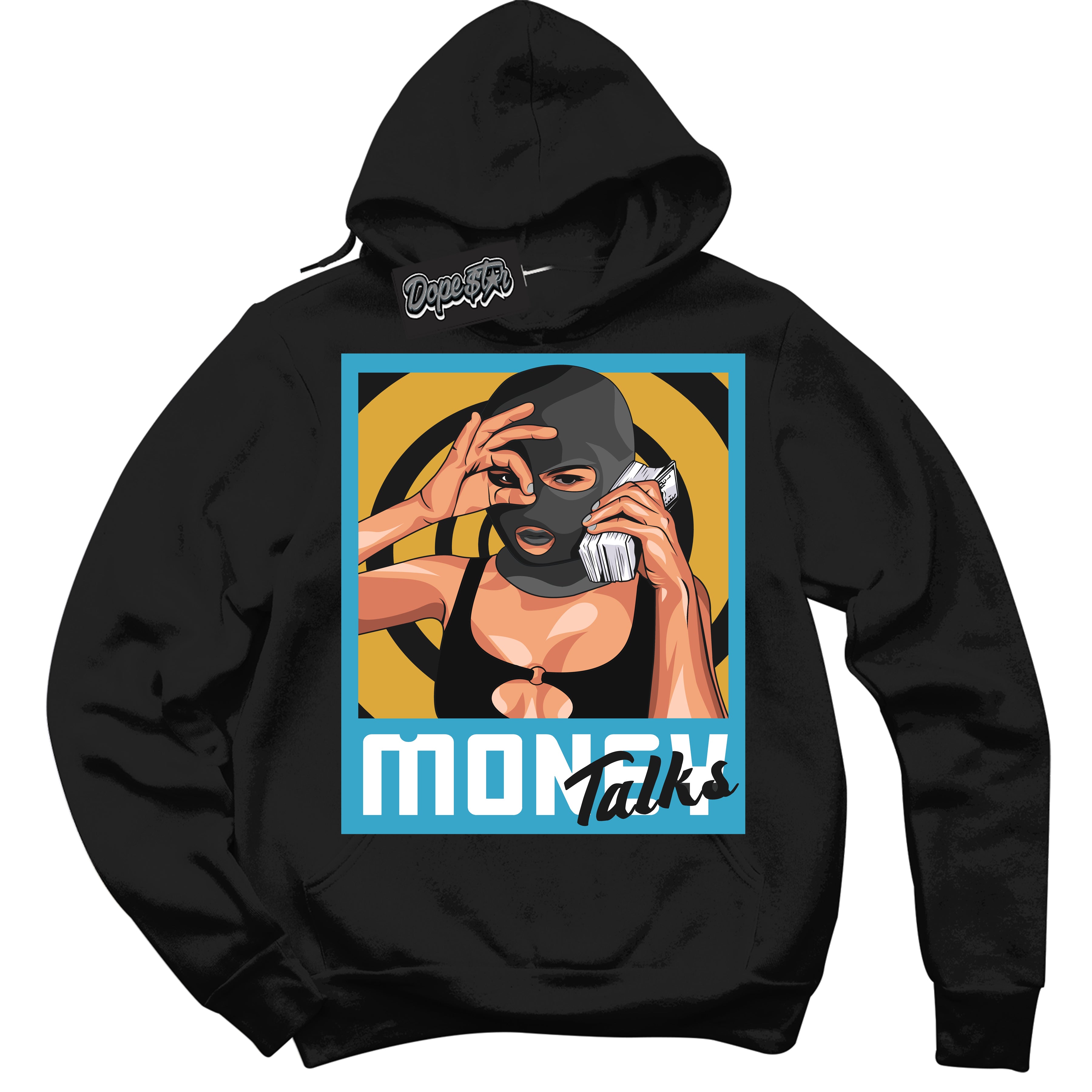 Cool Black Hoodie with “ Money Talks ” design that Perfectly Matches Aqua 5s Sneakers.