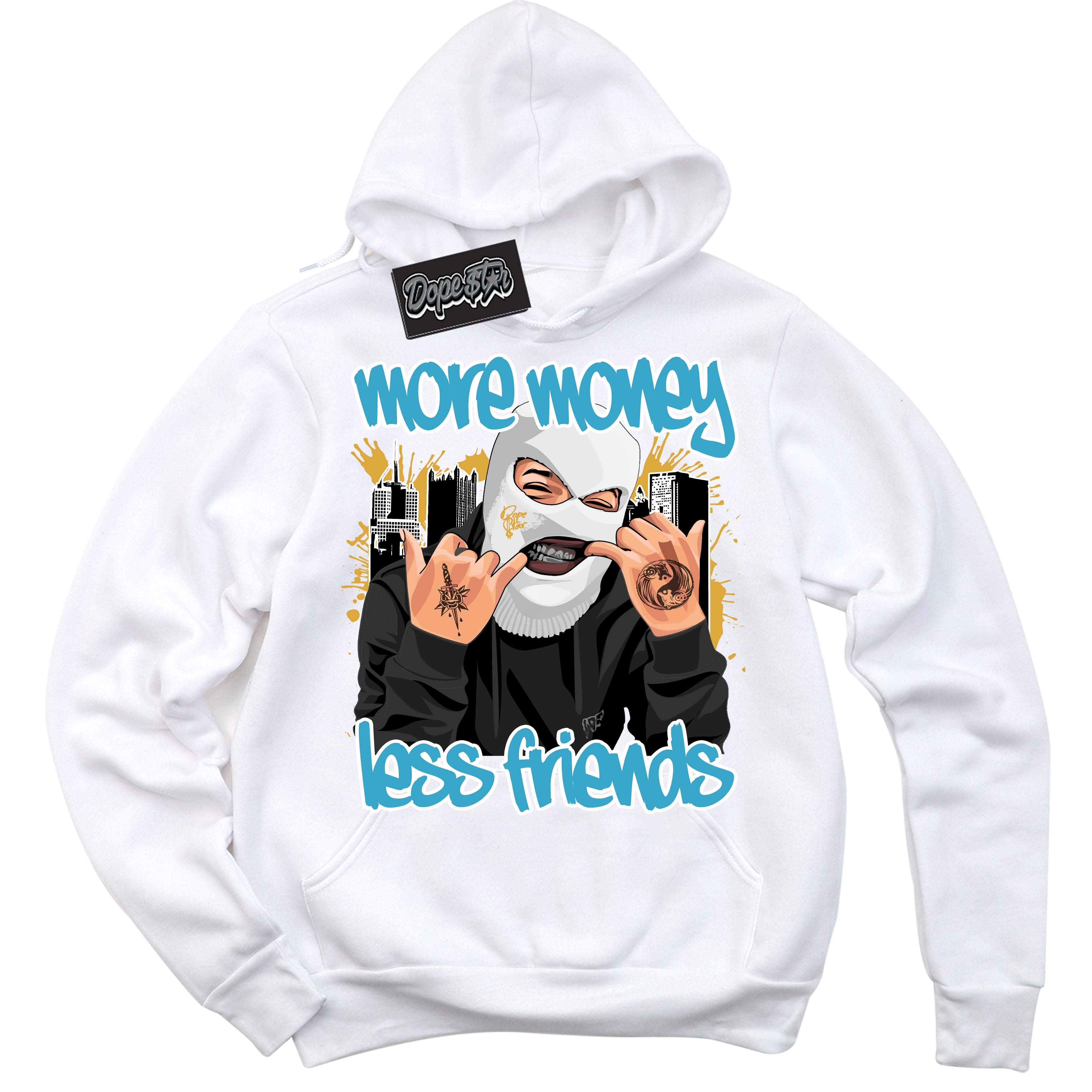 Cool White Hoodie with “ More Money Less Friends ” design that Perfectly Matches Aqua 5s Sneakers.