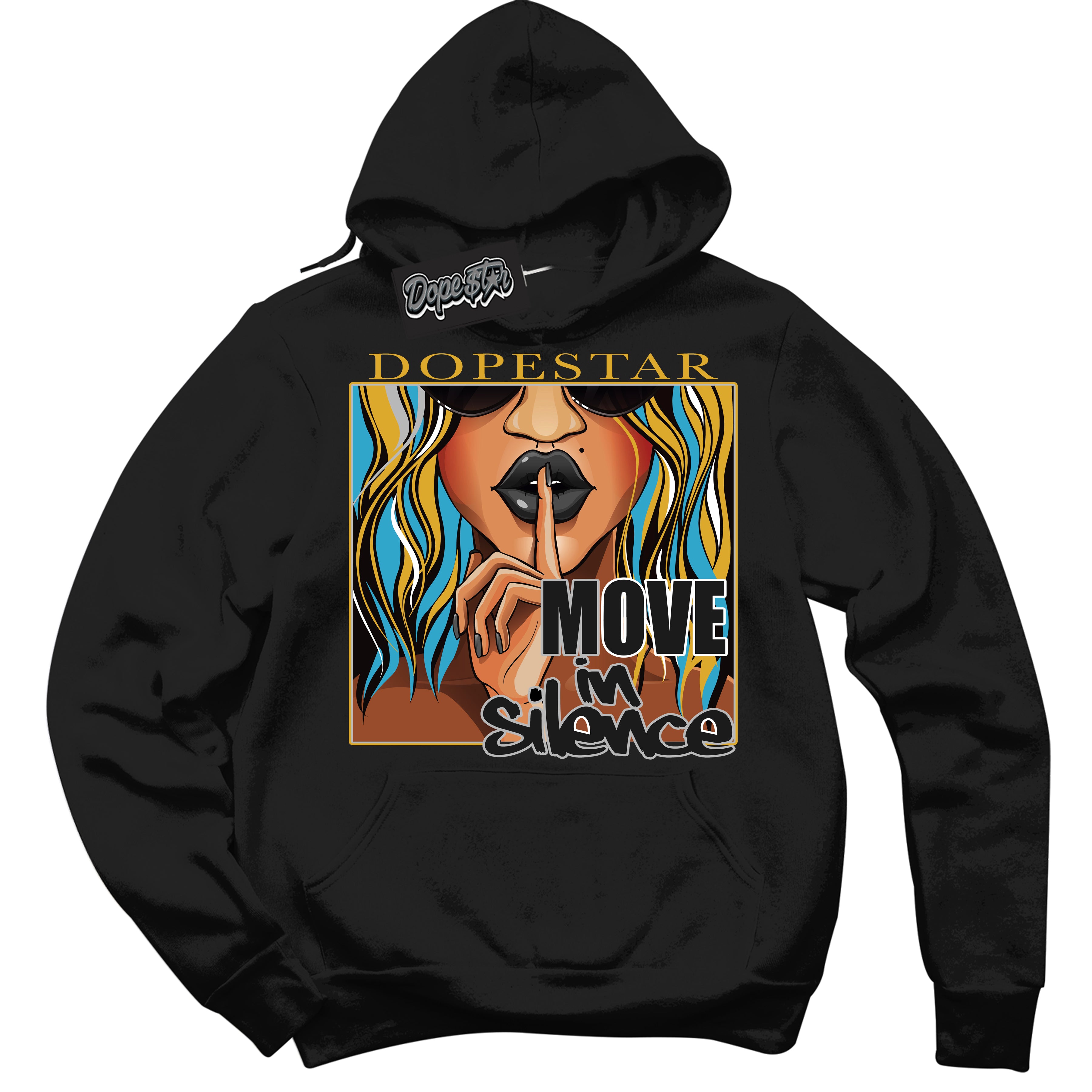 Cool Black Hoodie with “ Move In Silence ” design that Perfectly Matches Aqua 5s Sneakers.