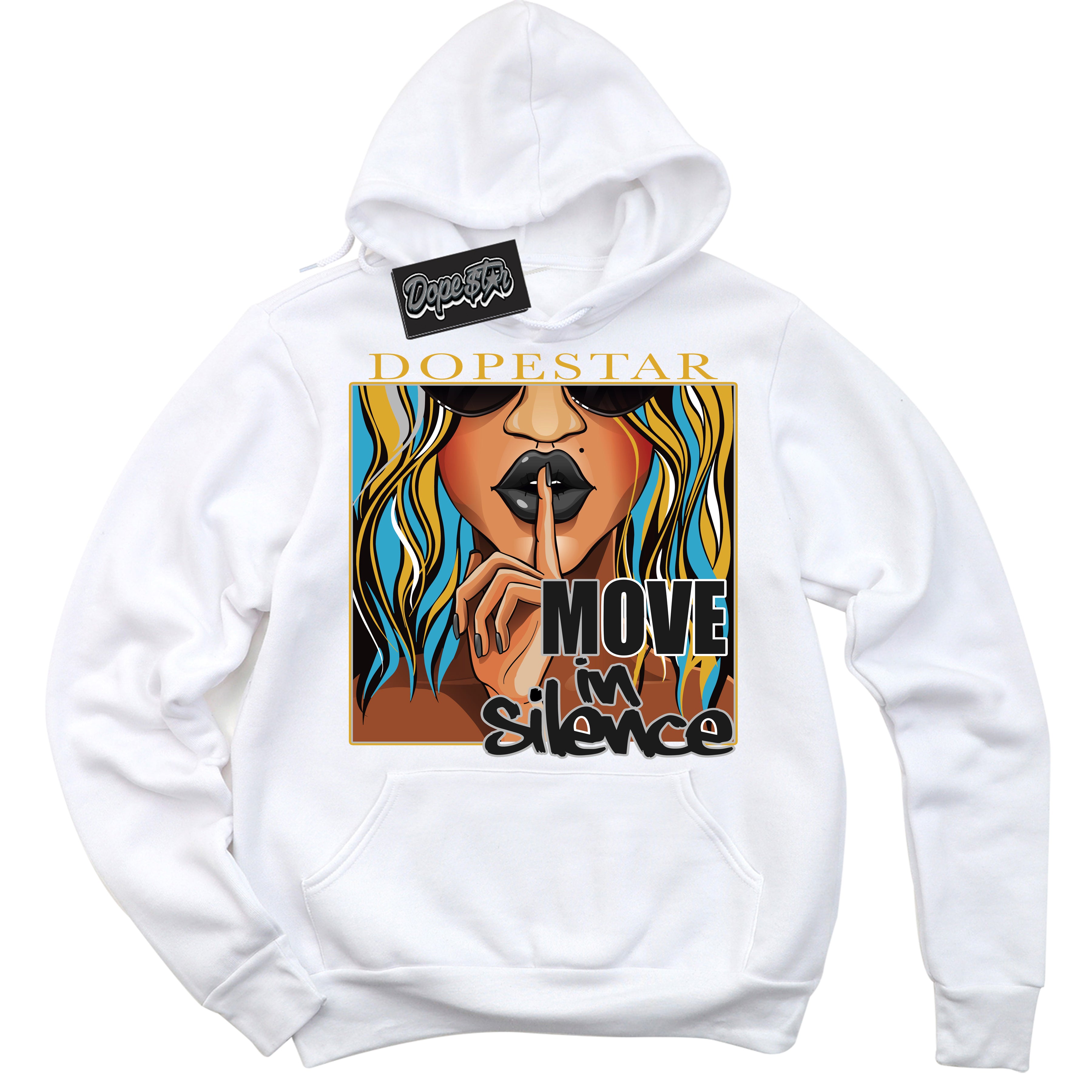 Cool White Hoodie with “ Move In Silence ” design that Perfectly Matches Aqua 5s Sneakers.