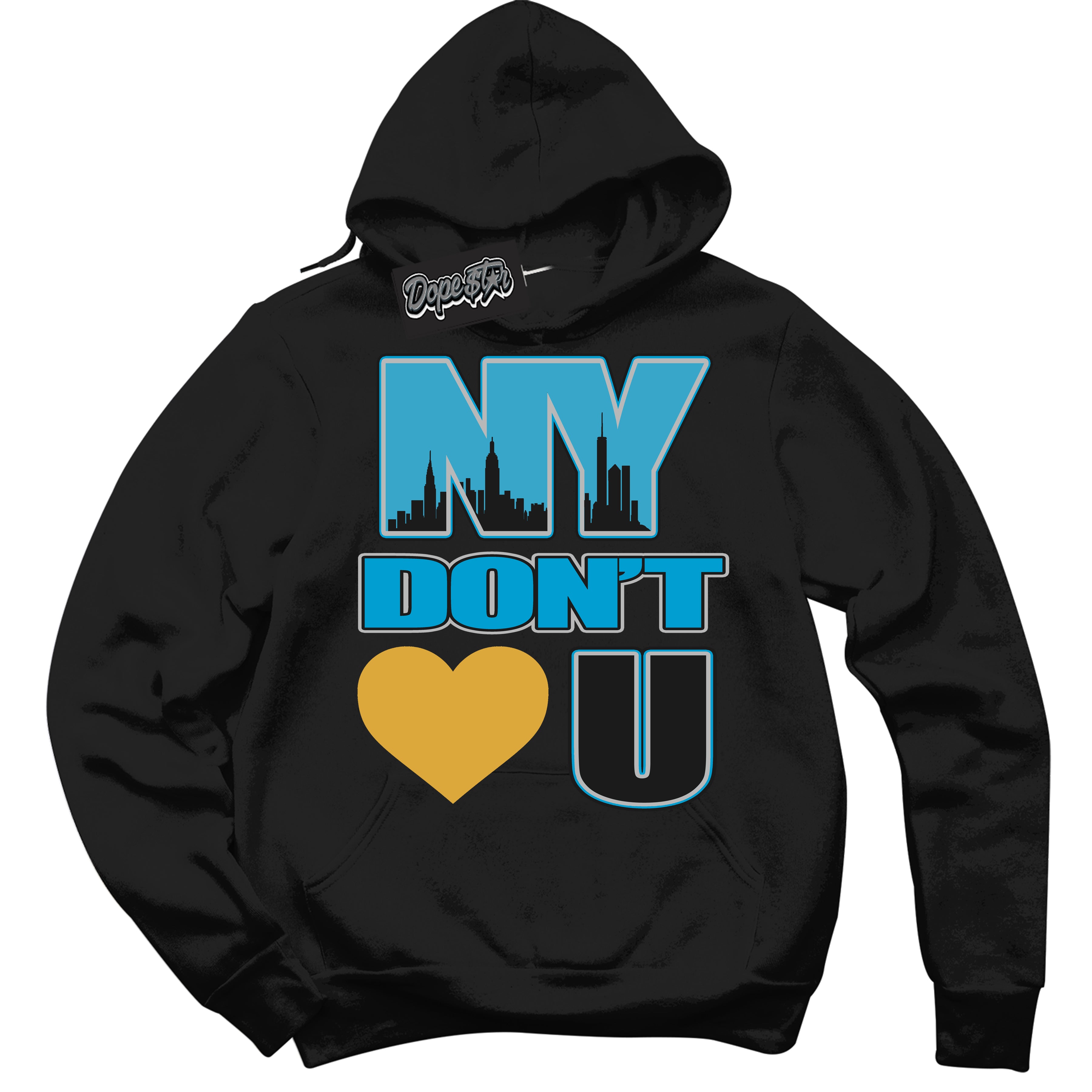 Cool Black Hoodie with “ NY Don't Love You ” design that Perfectly Matches Aqua 5s Sneakers.