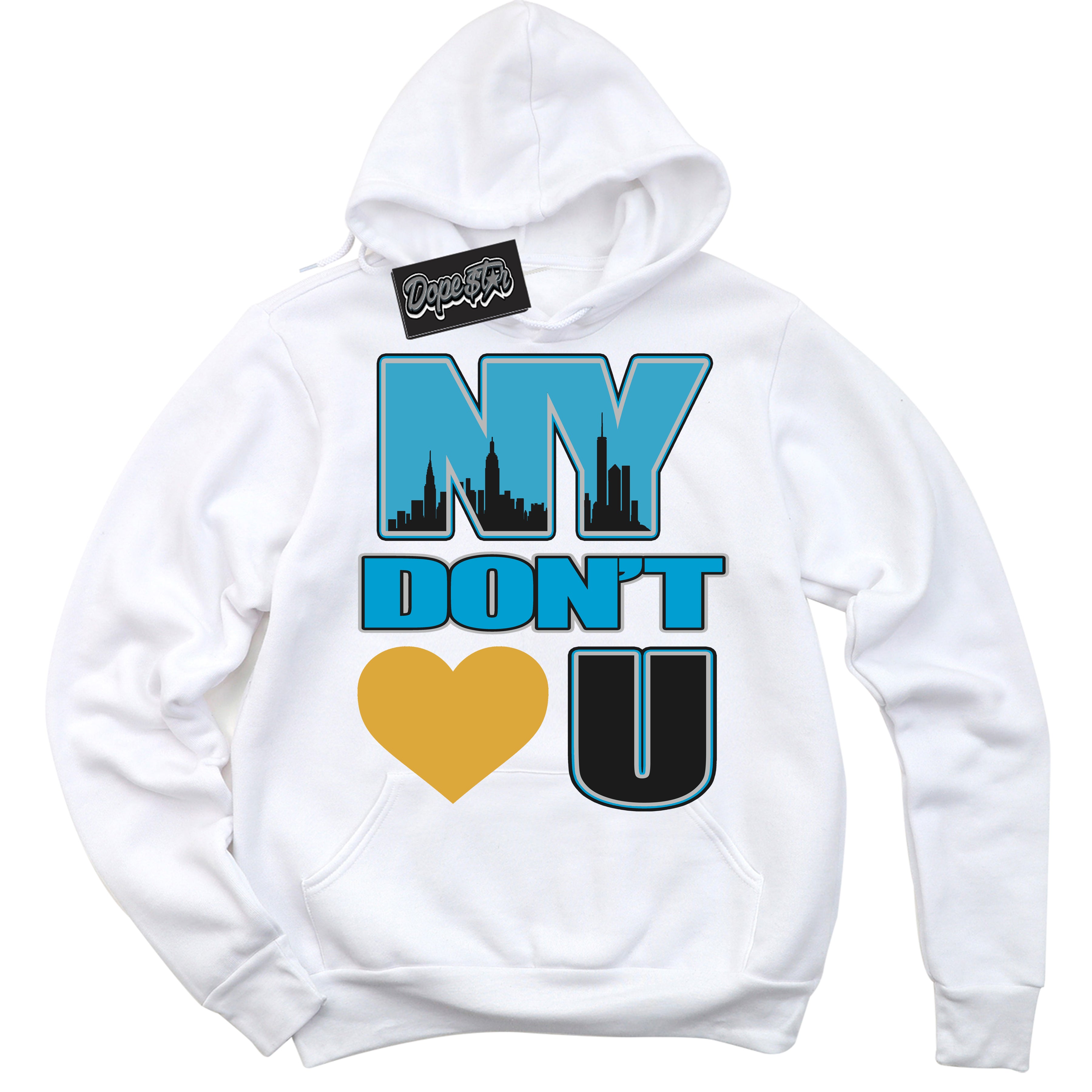 Cool White Hoodie with “ NY Don't Love You ” design that Perfectly Matches Aqua 5s Sneakers.