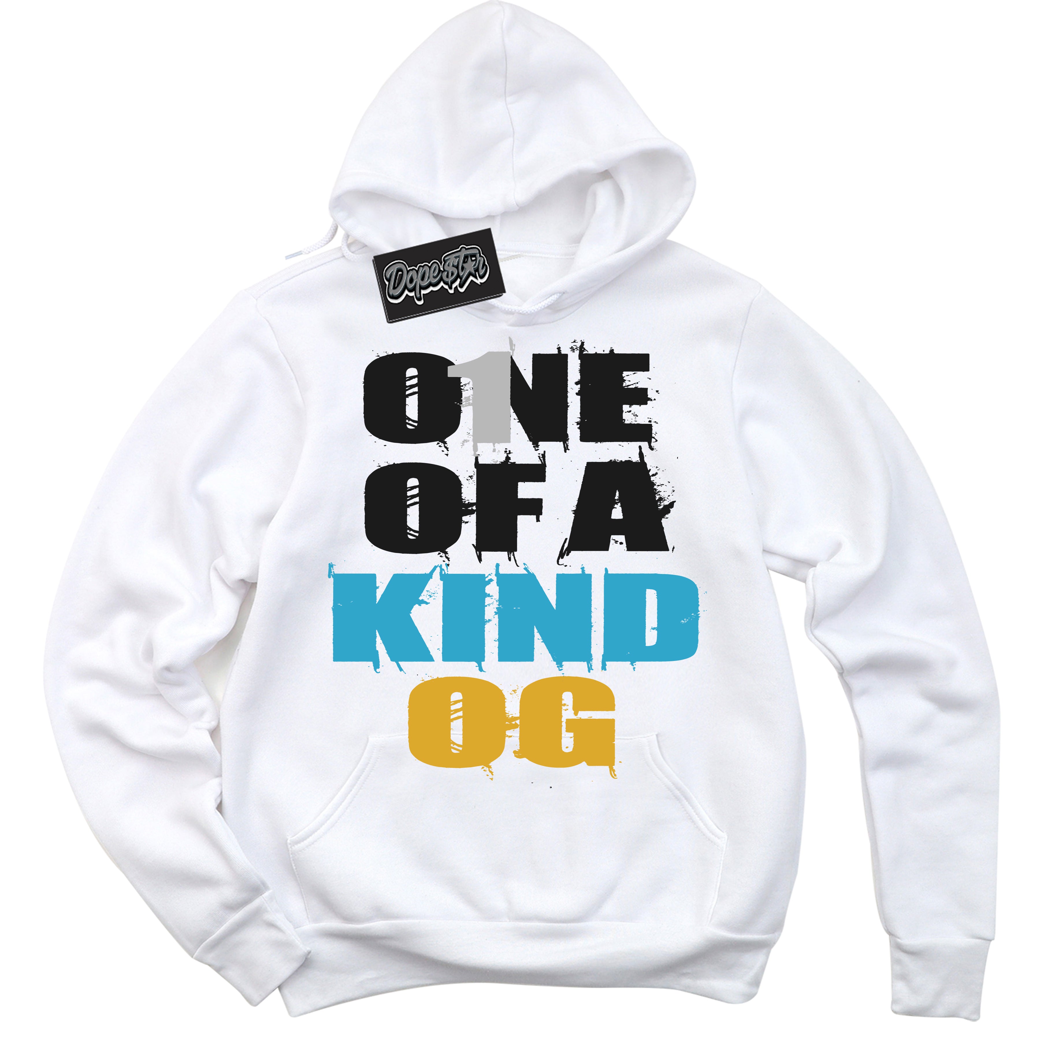 Cool White Hoodie with “ One Of A Kind ” design that Perfectly Matches Aqua 5s Sneakers.