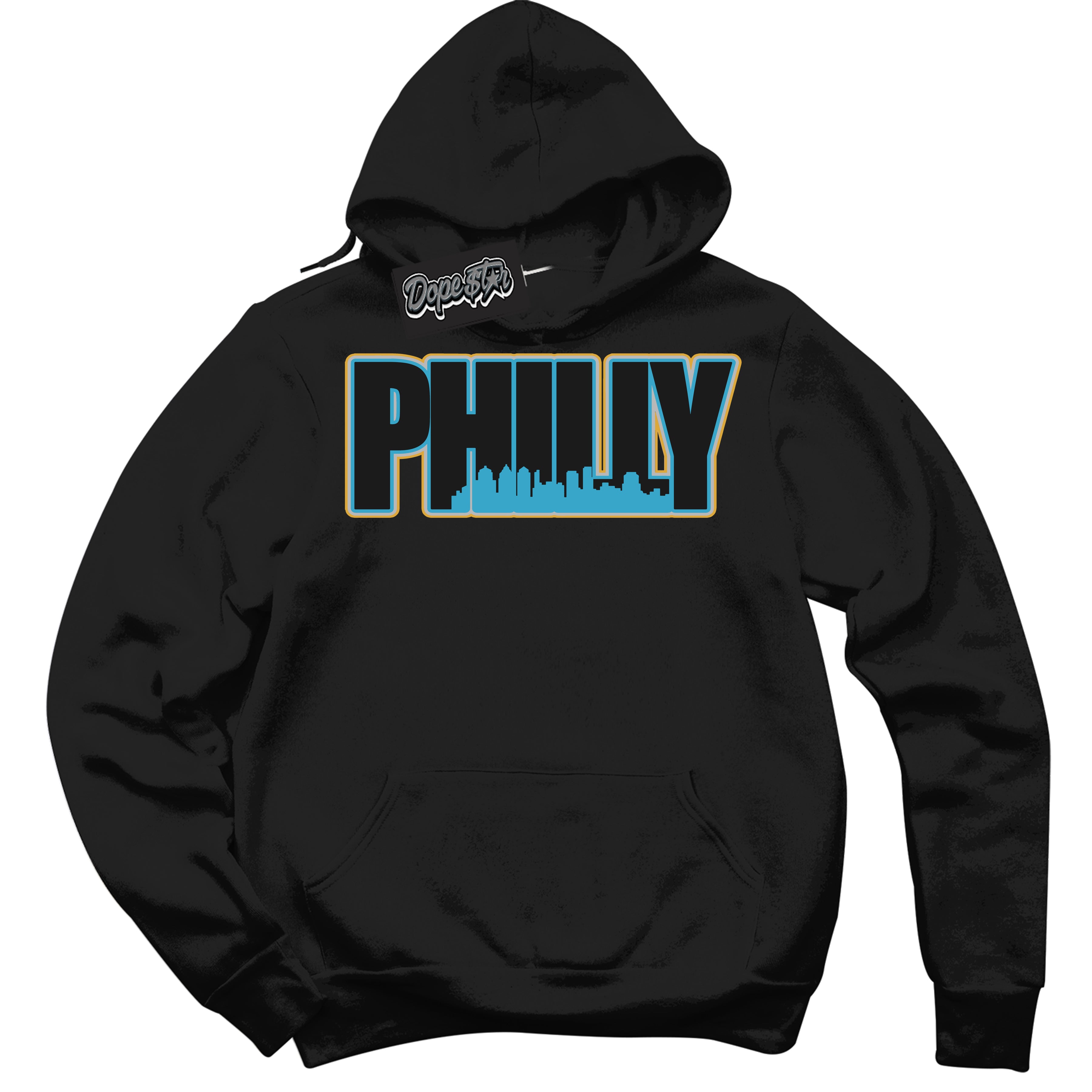 Cool Black Hoodie with “ Philly ” design that Perfectly Matches Aqua 5s Sneakers.