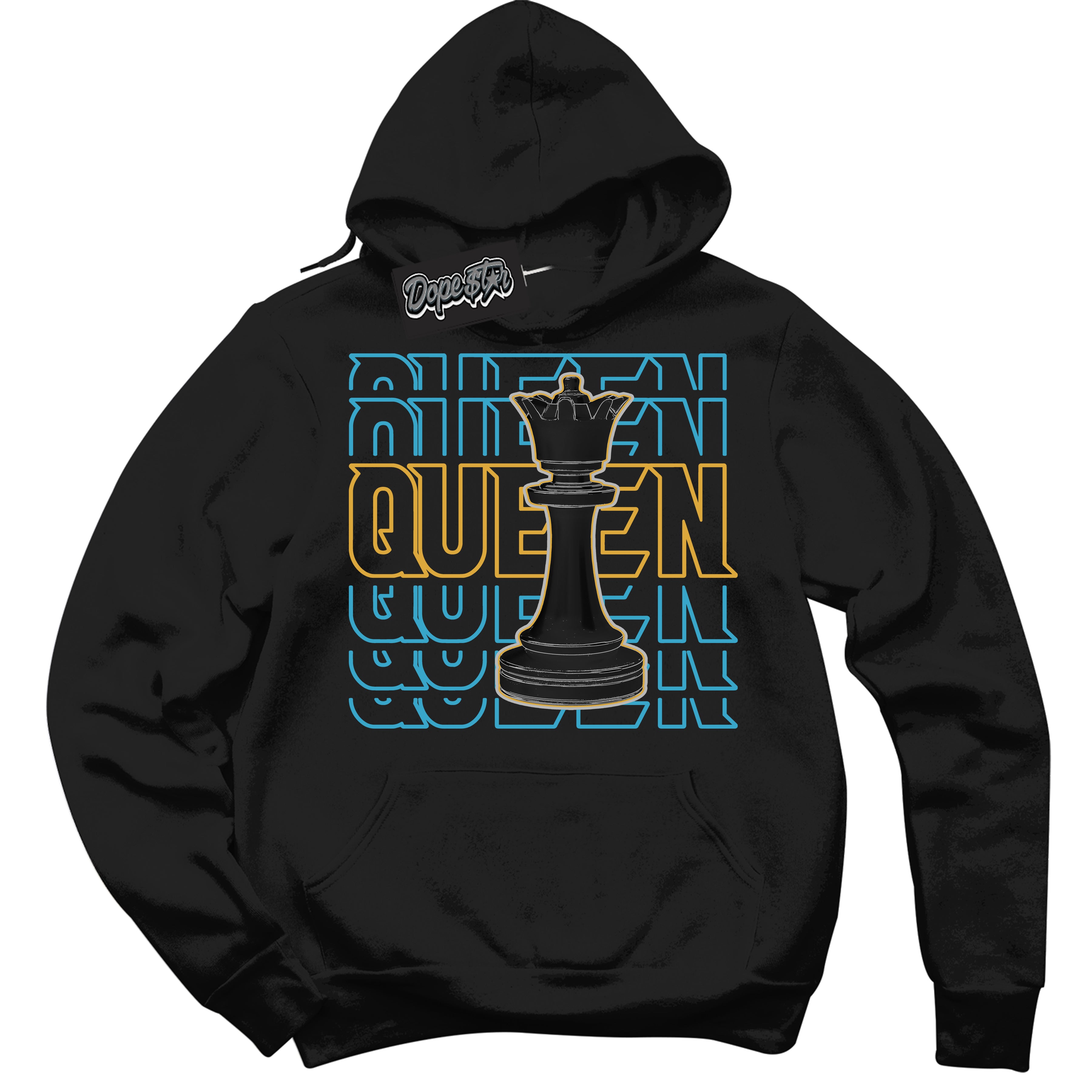 Cool Black Hoodie with “ Queen Chess ” design that Perfectly Matches Aqua 5s Sneakers.