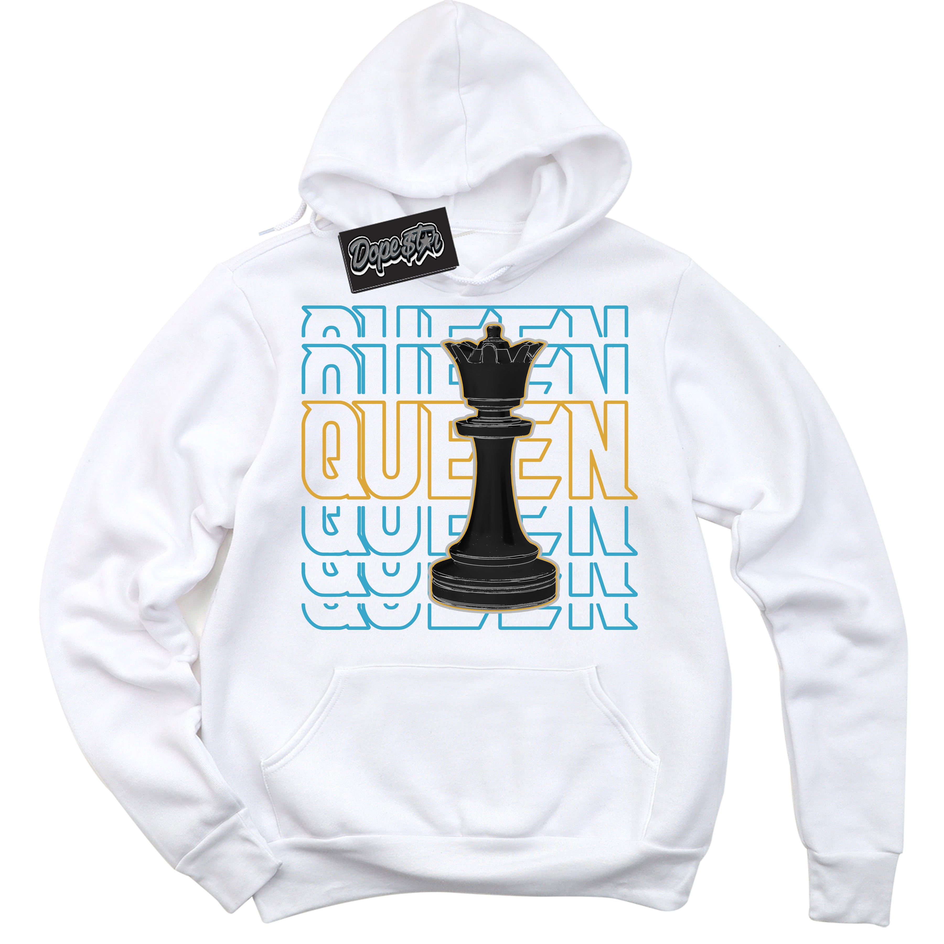 Cool White Hoodie with “ Queen Chess ” design that Perfectly Matches Aqua 5s Sneakers.