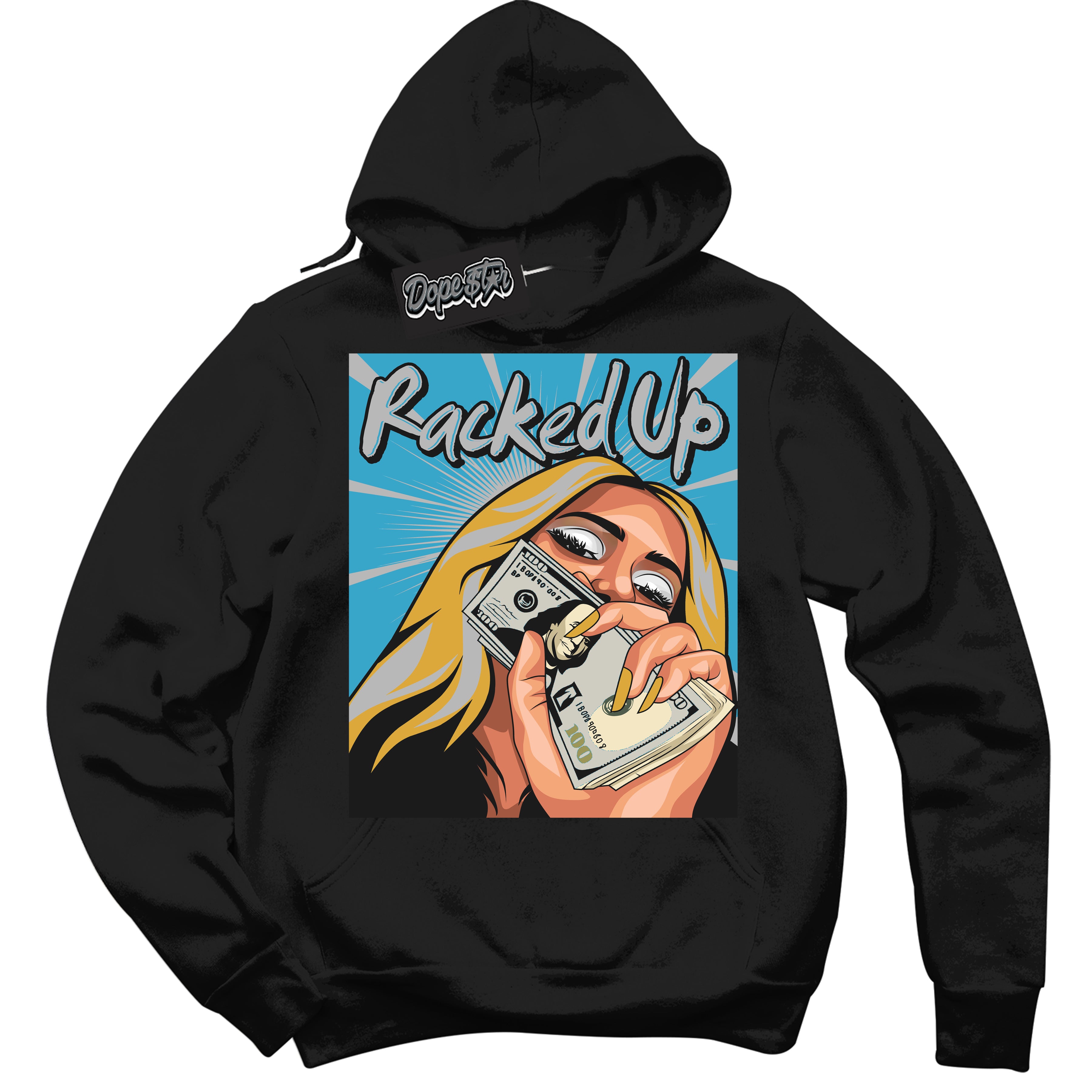 Cool Black Hoodie with “ Racked Up ” design that Perfectly Matches Aqua 5s Sneakers.