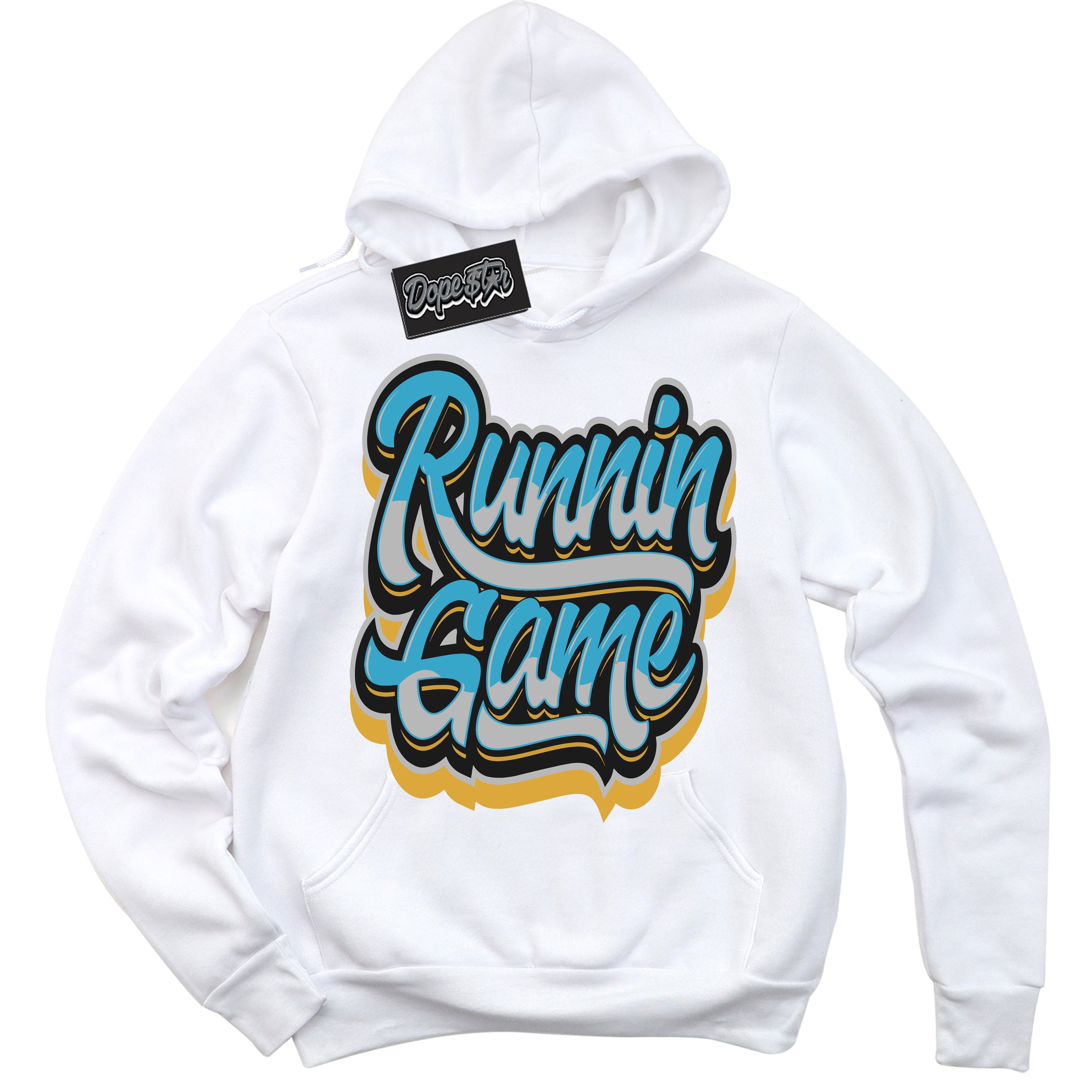 Cool White Hoodie with “ Running Game ” design that Perfectly Matches Aqua 5s Sneakers.