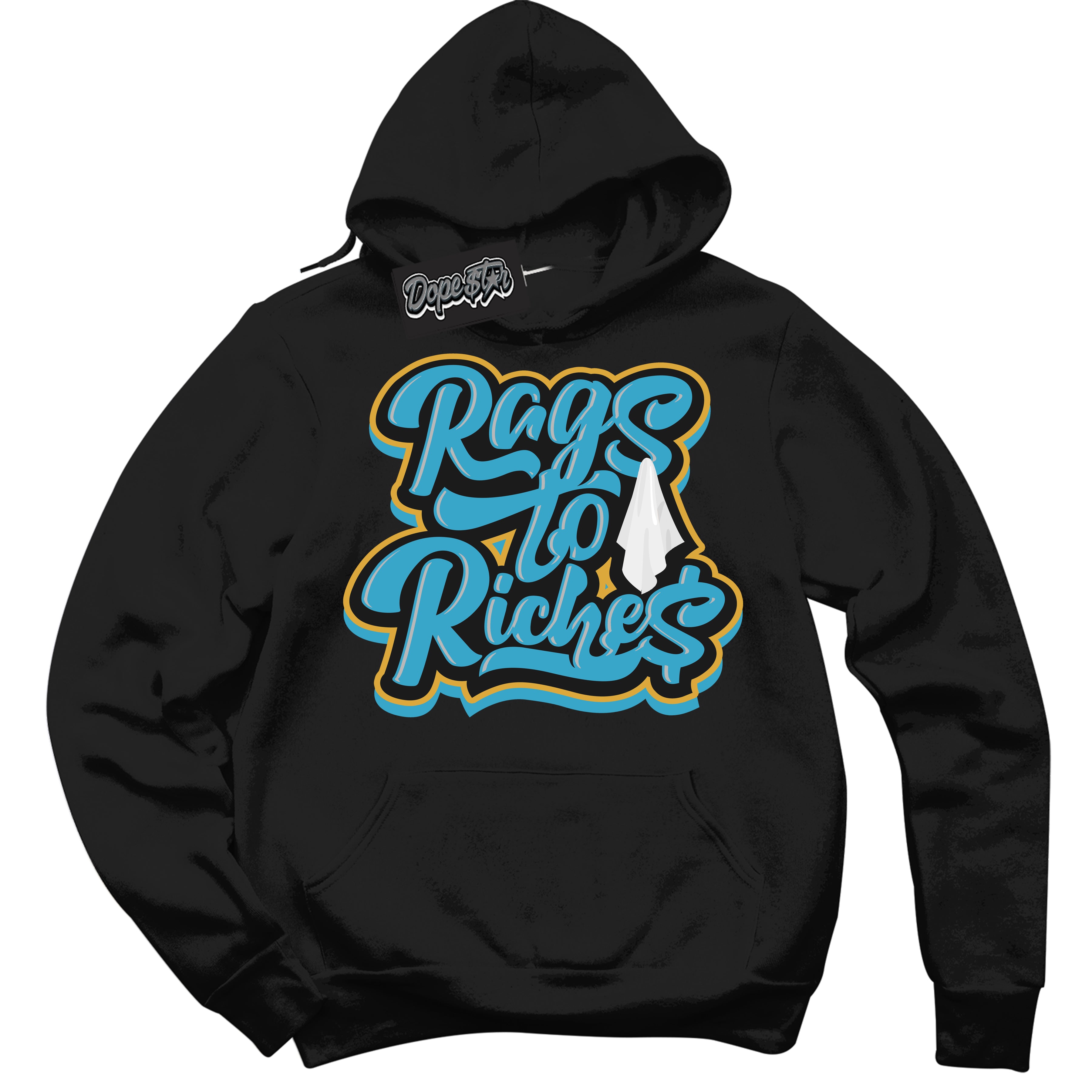 Cool Black Hoodie with “ Rags To Riches ” design that Perfectly Matches Aqua 5s Sneakers.