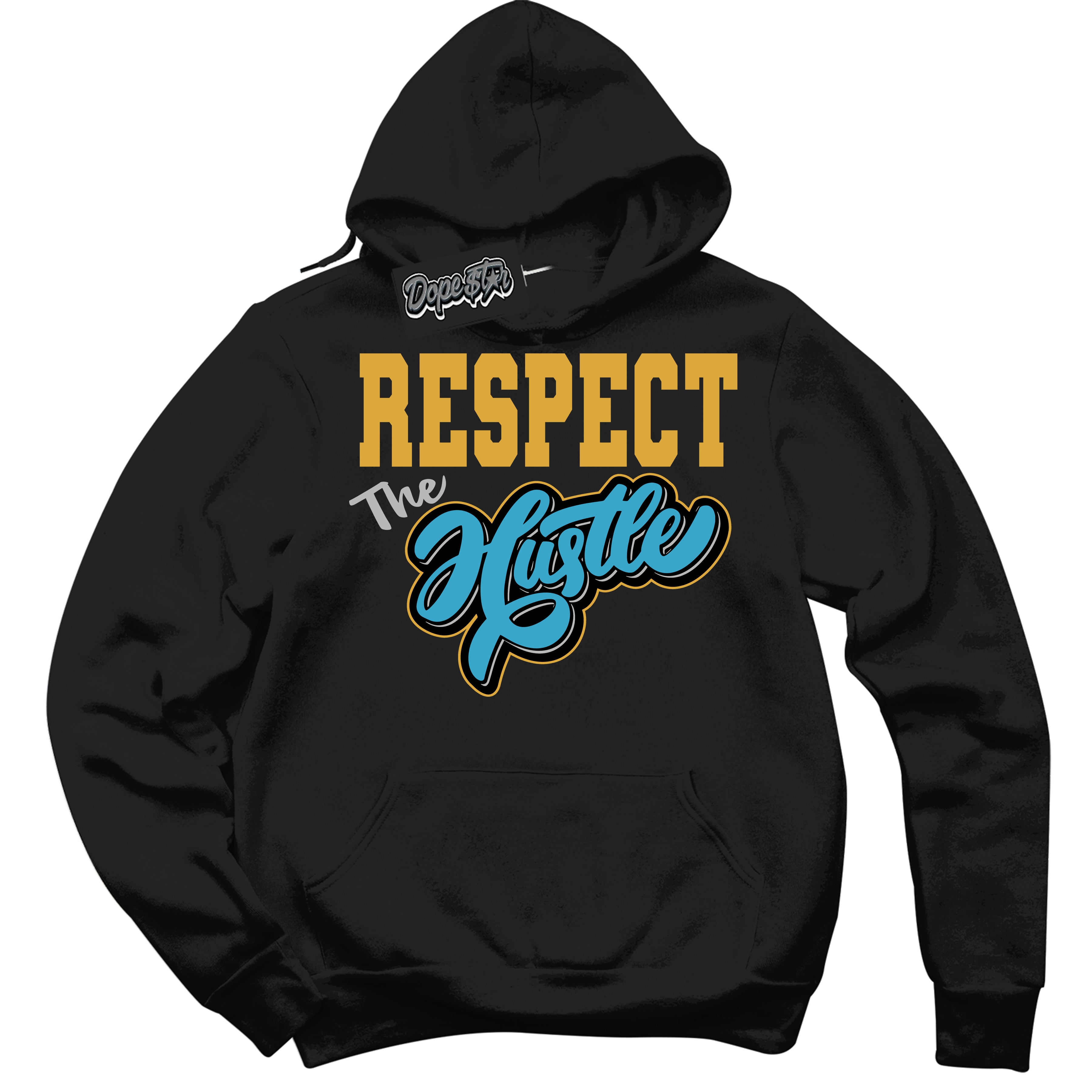 Cool Black Hoodie with “ Respect The Hustle ” design that Perfectly Matches Aqua 5s Sneakers.