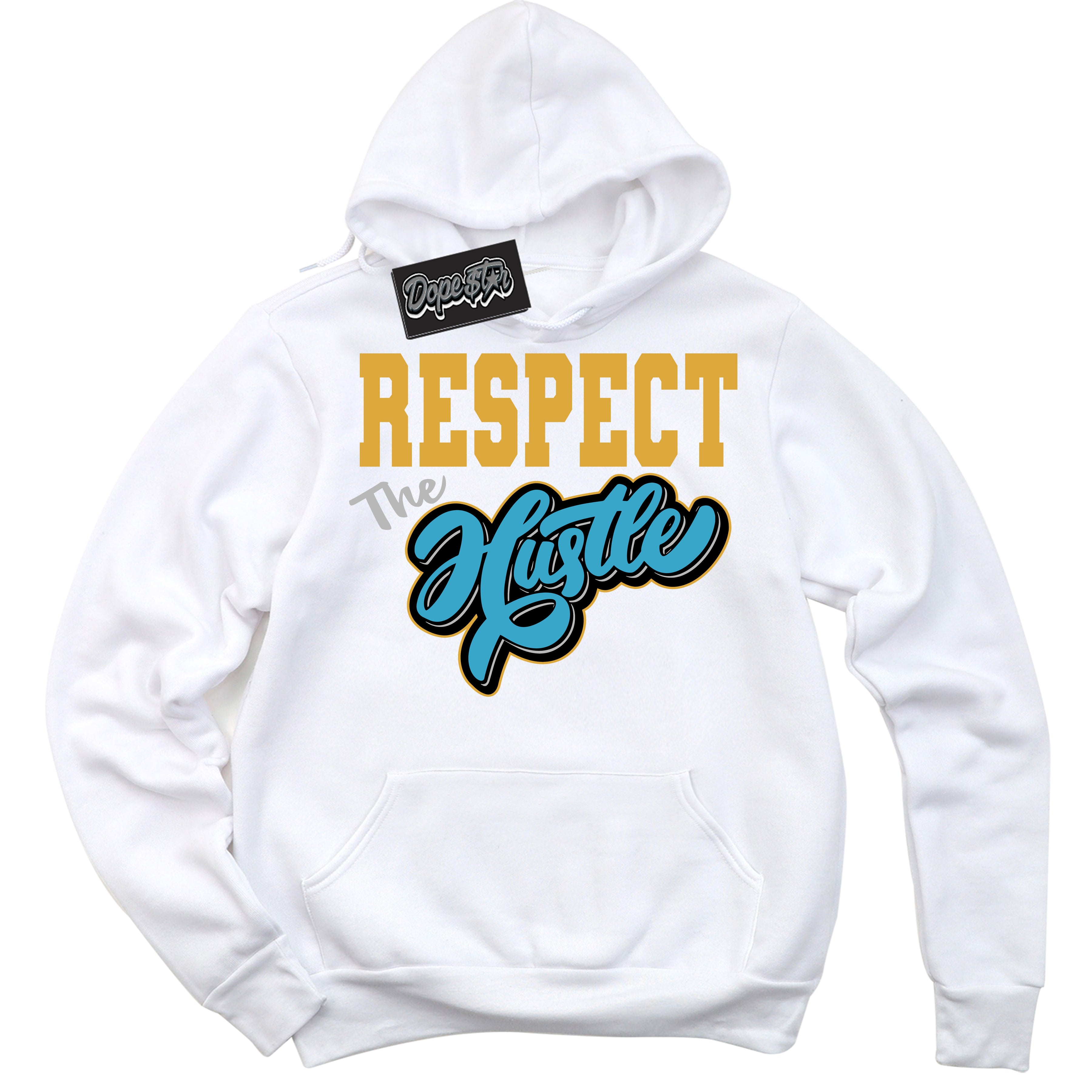 Cool White Hoodie with “ Respect The Hustle ” design that Perfectly Matches Aqua 5s Sneakers.