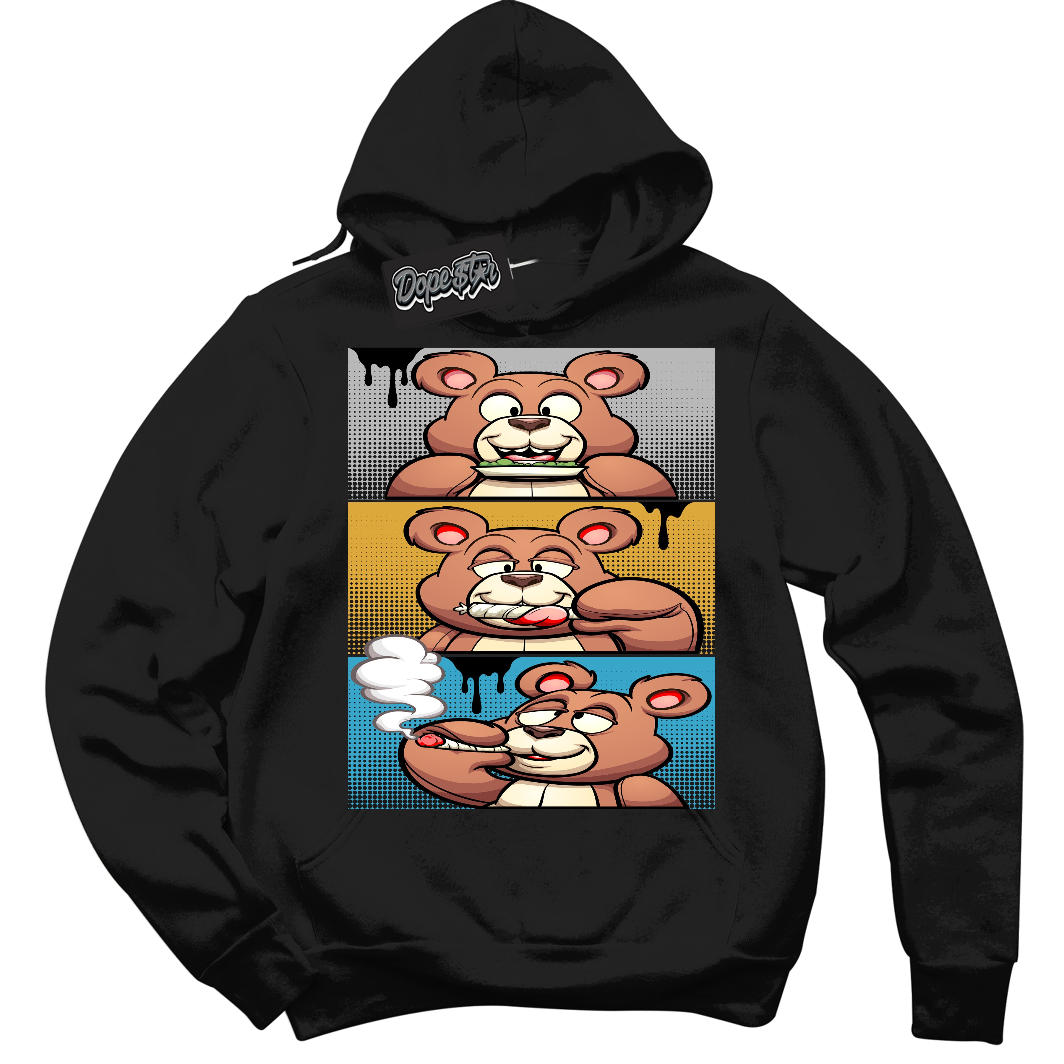 Cool Black Hoodie with “ Roll It Lick It Smoke It Bear ” design that Perfectly Matches Aqua 5s Sneakers.