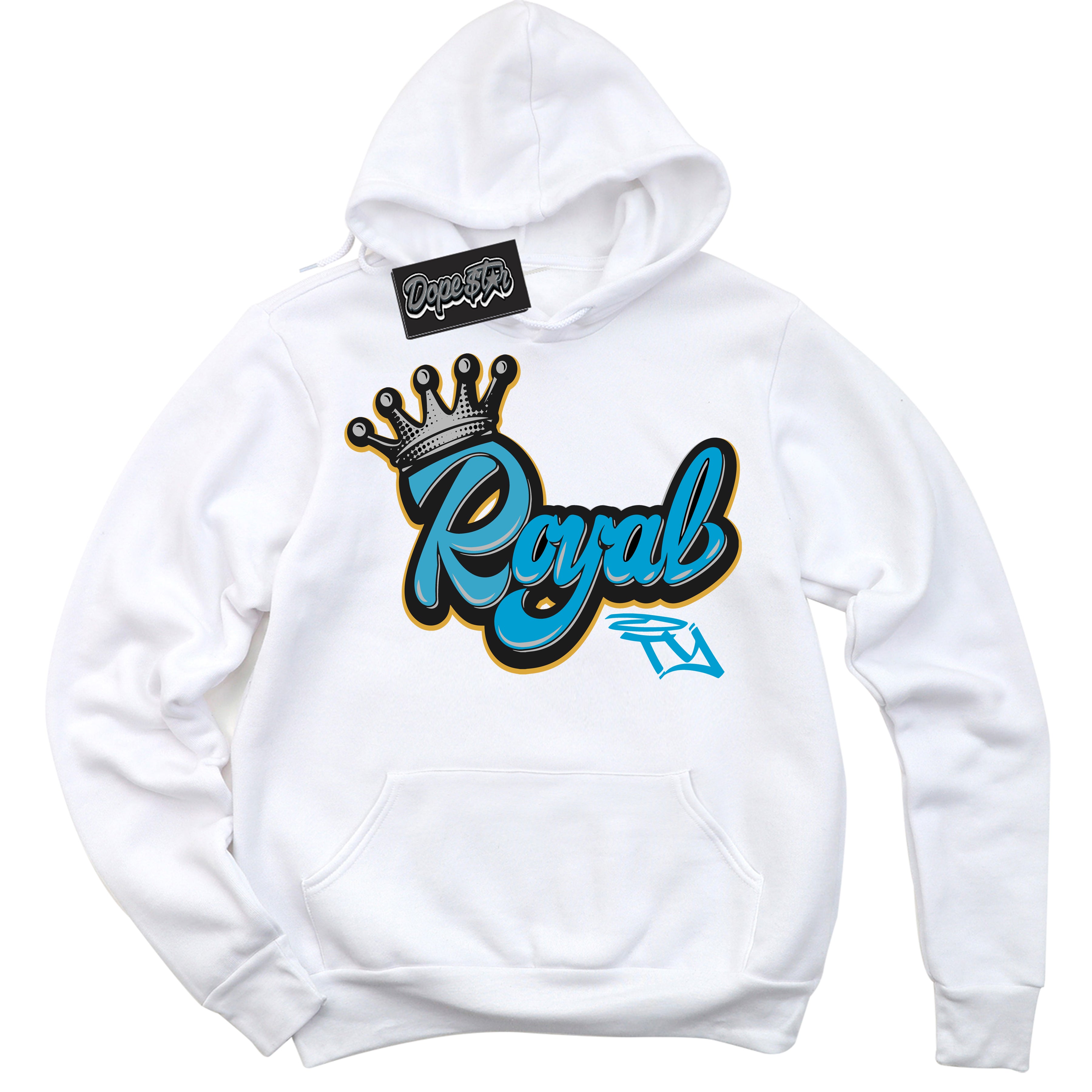 Cool White Hoodie with “ Royalty ” design that Perfectly Matches Aqua 5s Sneakers.