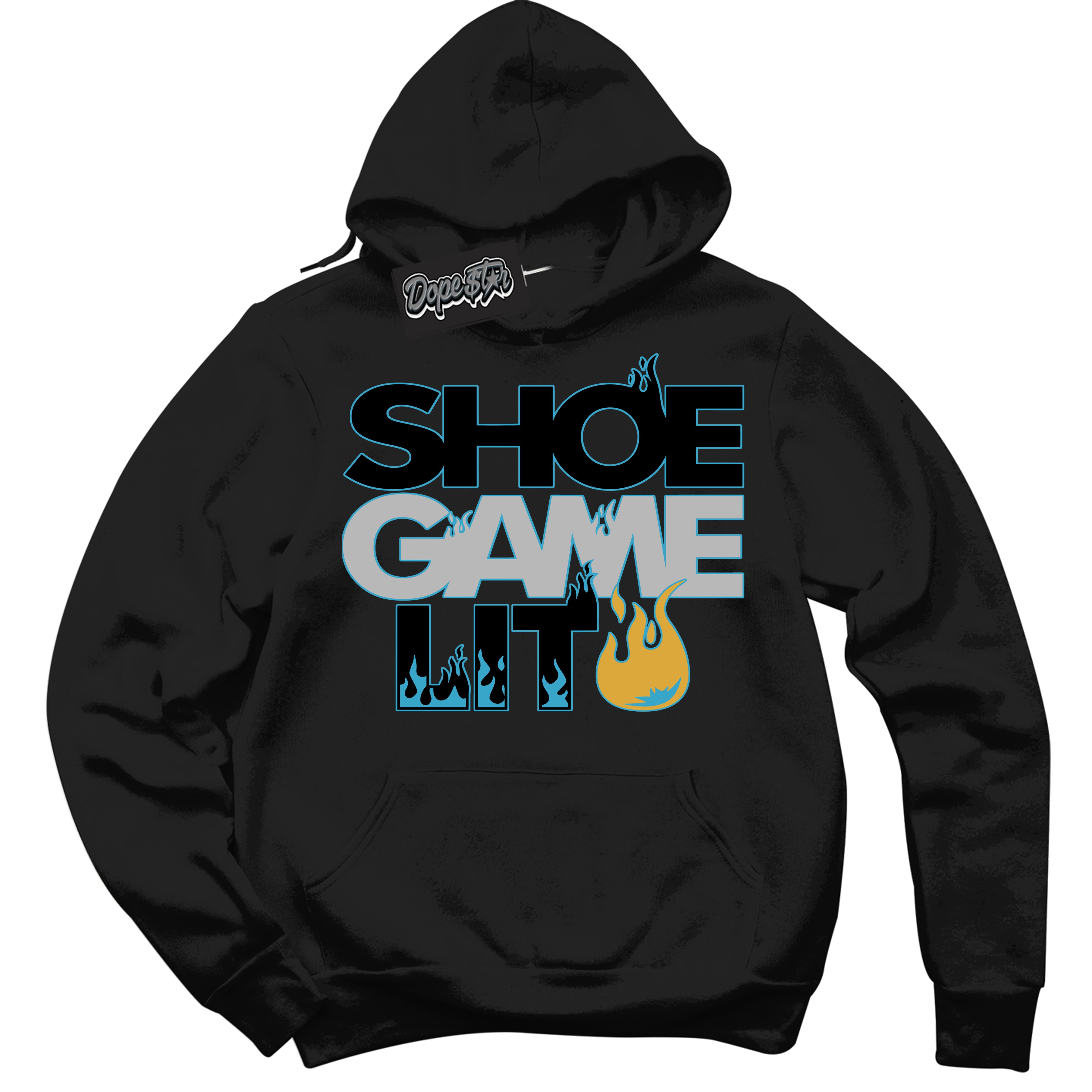 Cool Black Hoodie with “ Shoe Game Lit '' design that Perfectly Matches Aqua 5s Sneakers.