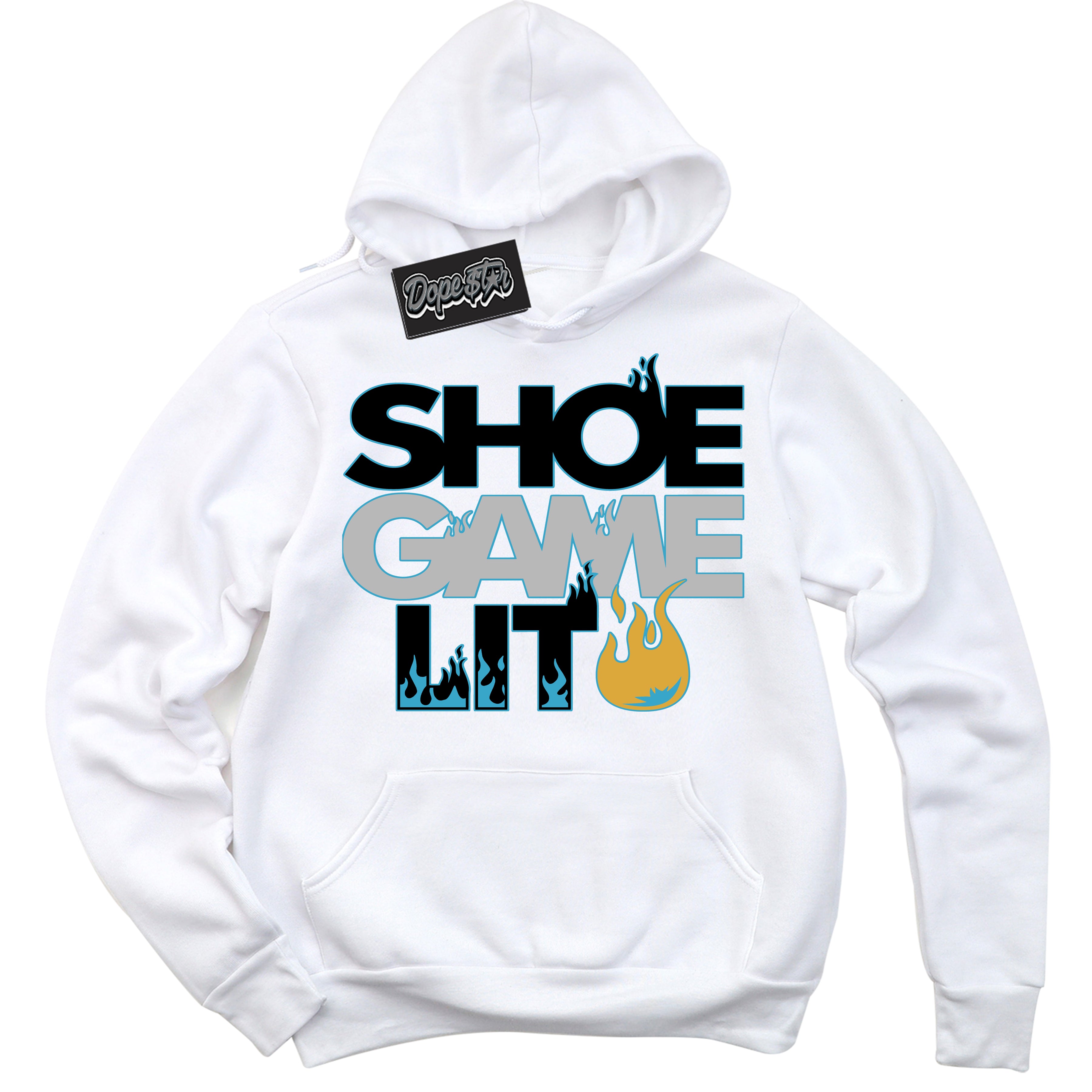 Cool White Hoodie with “ Shoe Game Lit '' design that Perfectly Matches Aqua 5s Sneakers.