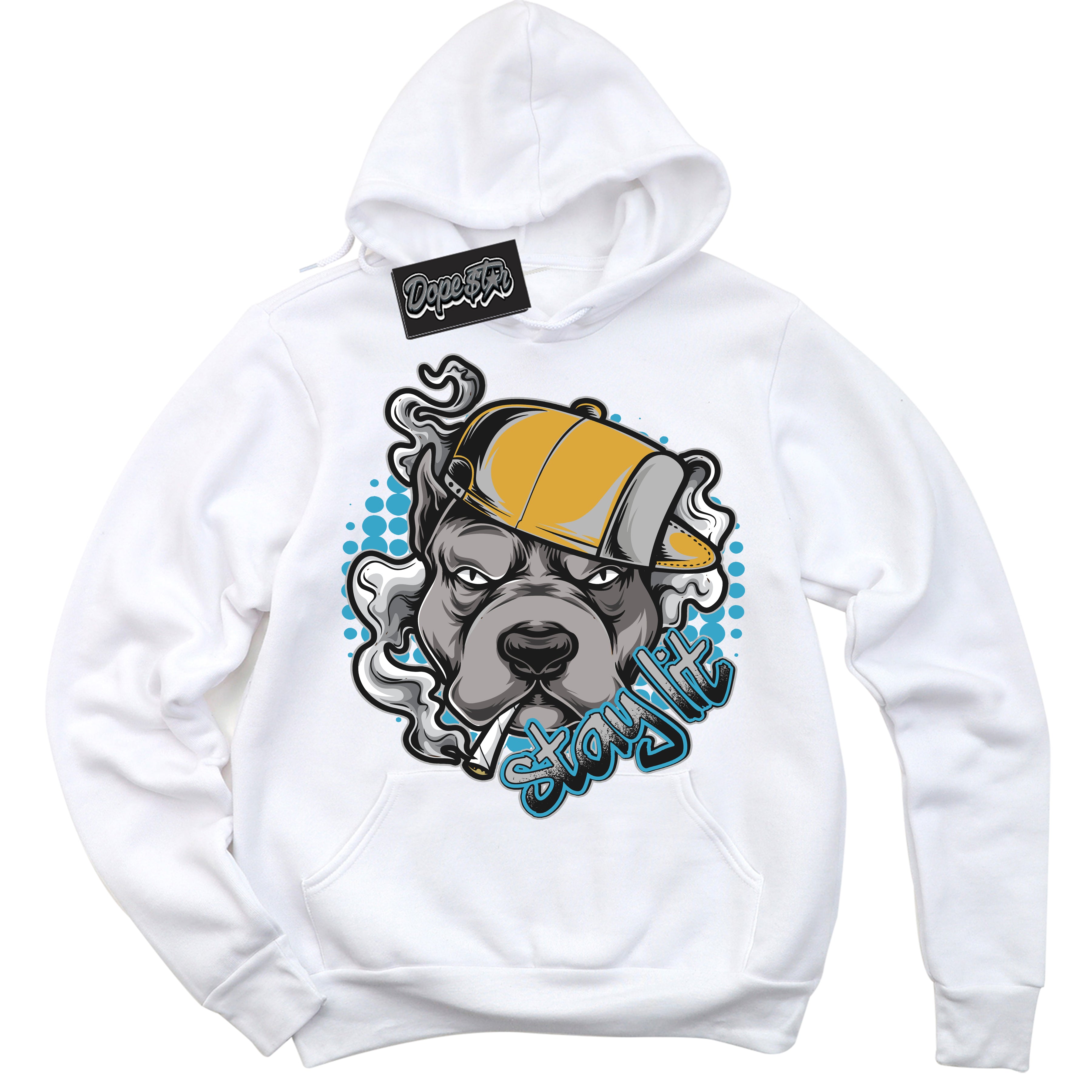 Cool White Graphic Hoodie with “ Stay Lit “ print, that perfectly matches Air Jordan 5 AQUA sneakers