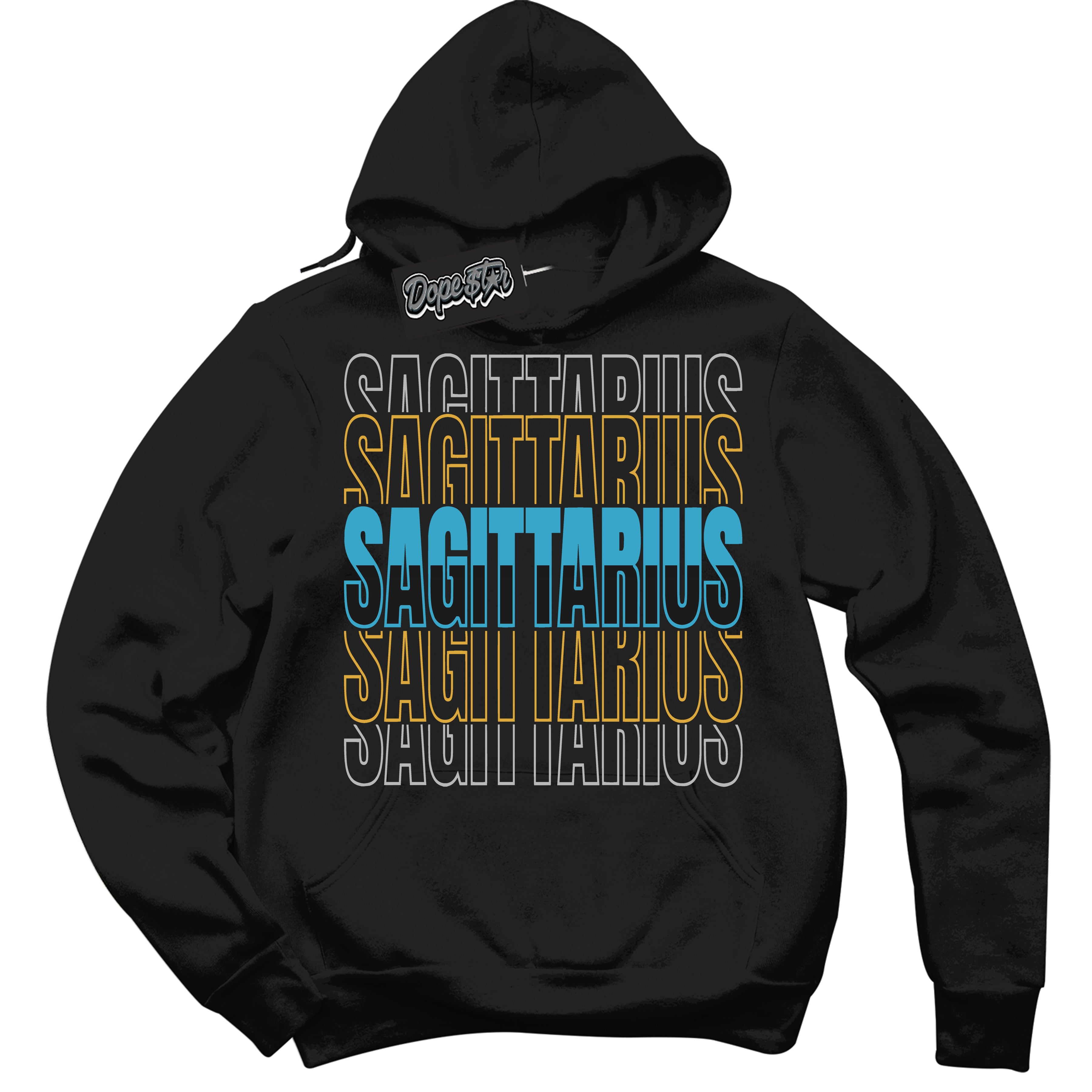 Cool Black Hoodie with “ Sagittarius ” design that Perfectly Matches Aqua 5s Sneakers.
