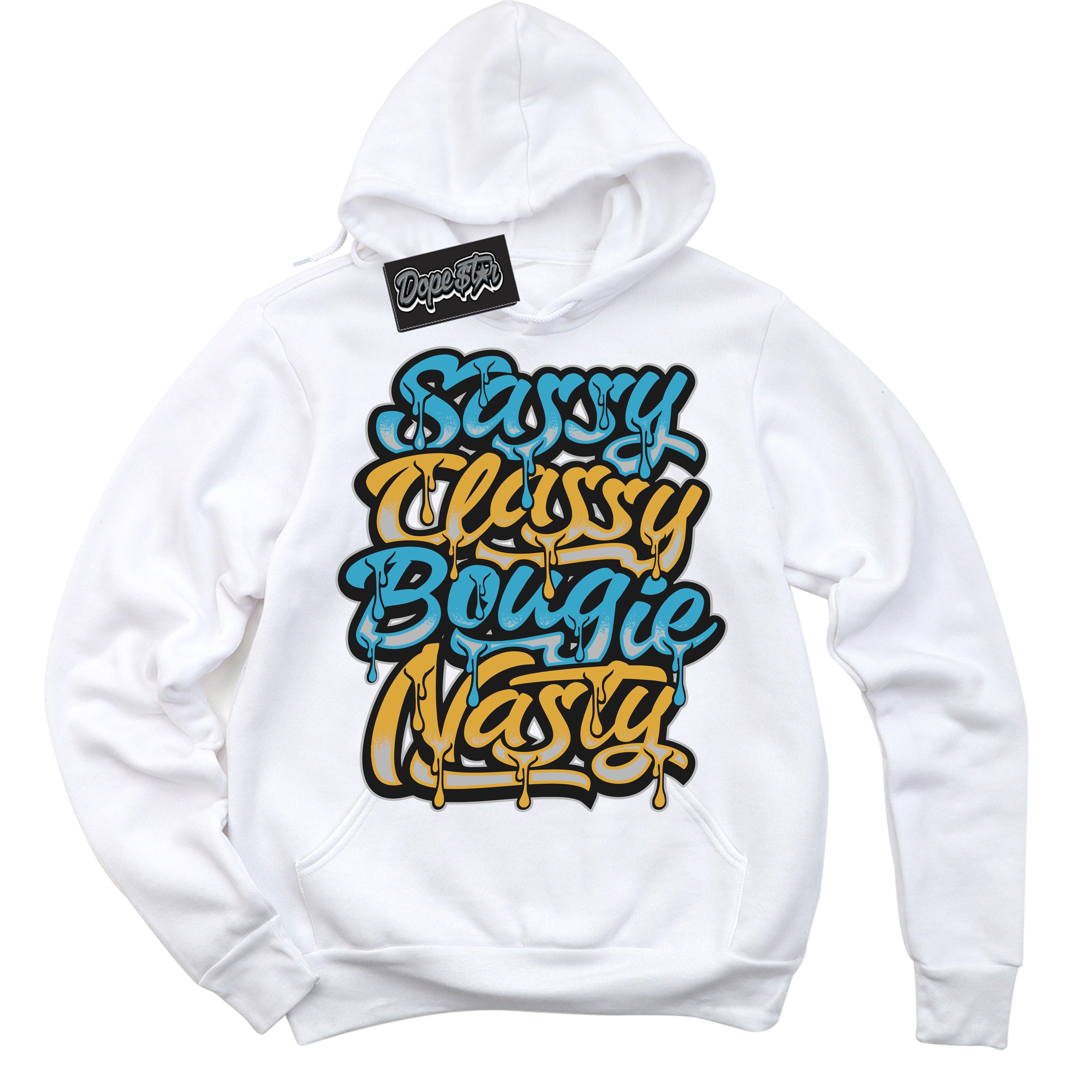 Cool White Hoodie with “ Sassy Classy ” design that Perfectly Matches Aqua 5s Sneakers.