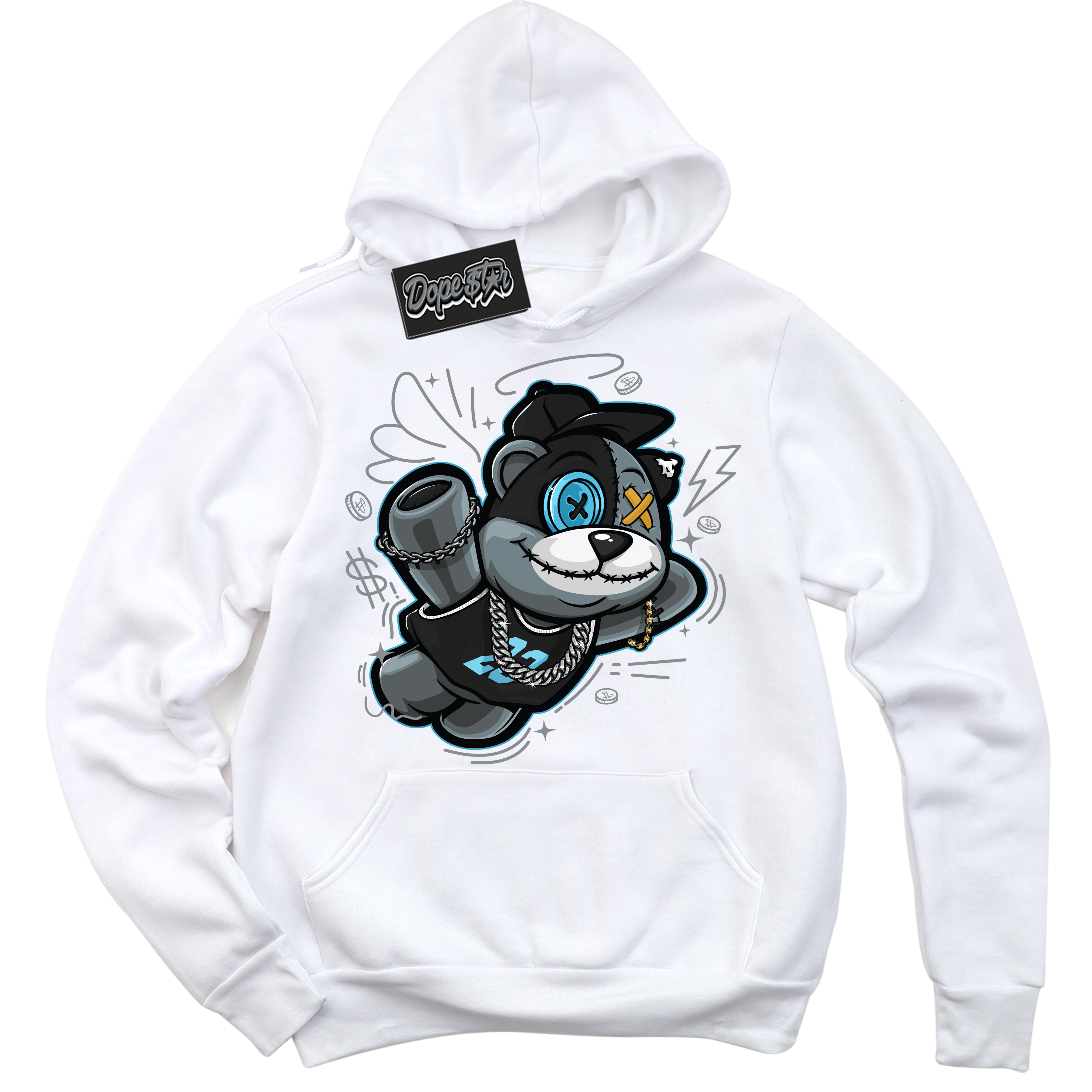 Cool White Hoodie with “ Slam Dunk Bear ” design that Perfectly Matches Aqua 5s Sneakers.