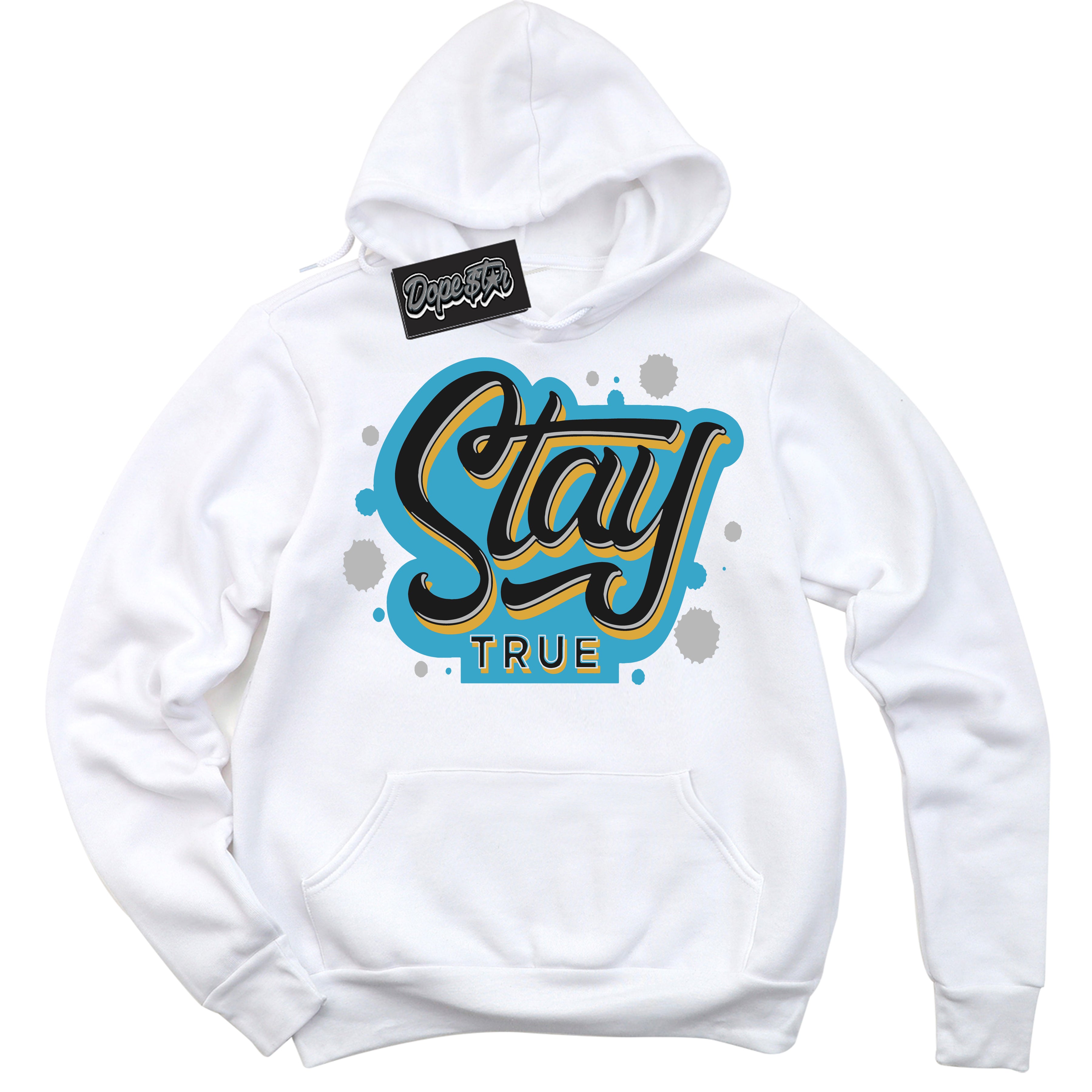 Cool White Hoodie with “ Stay True ” design that Perfectly Matches Aqua 5s Sneakers.