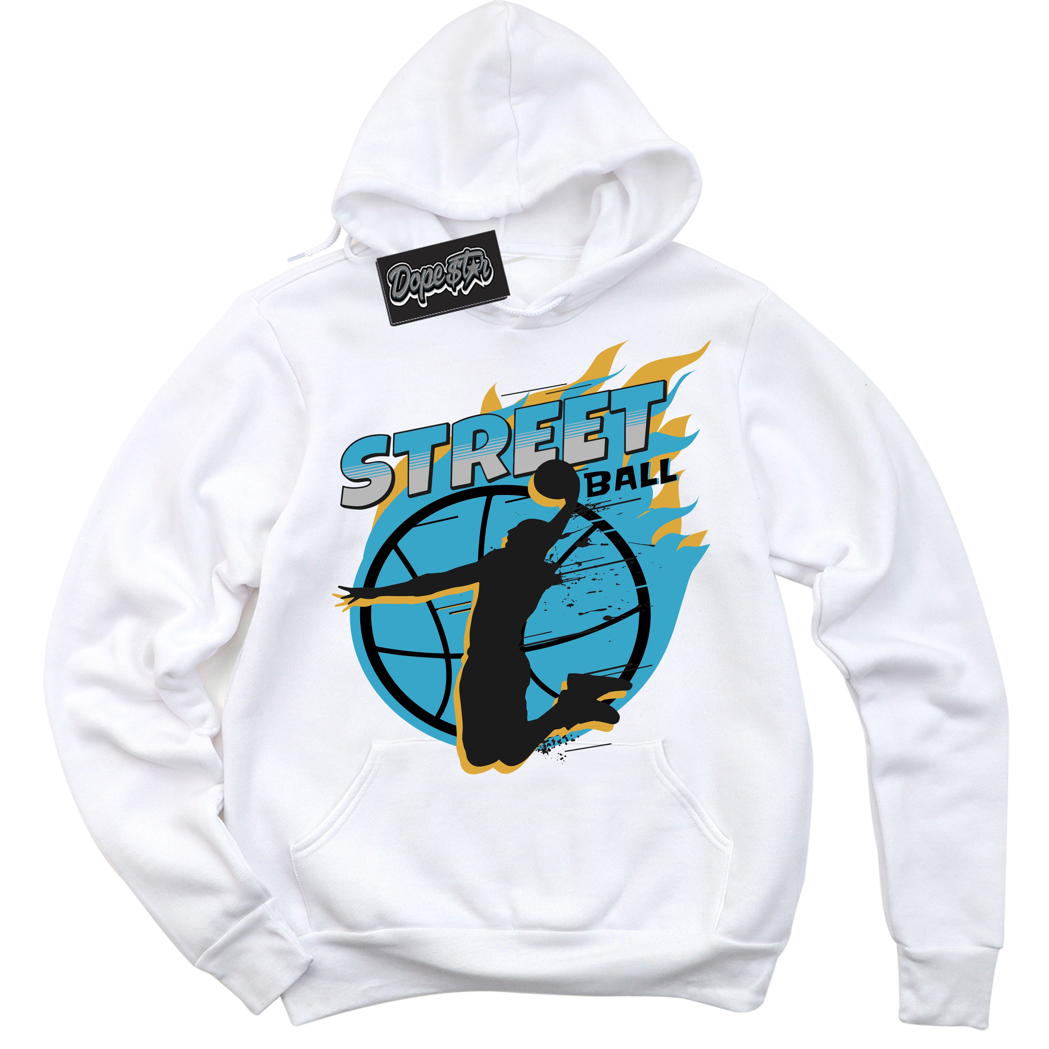 Cool White Hoodie with “ Street Ball ” design that Perfectly Matches Aqua 5s Sneakers.