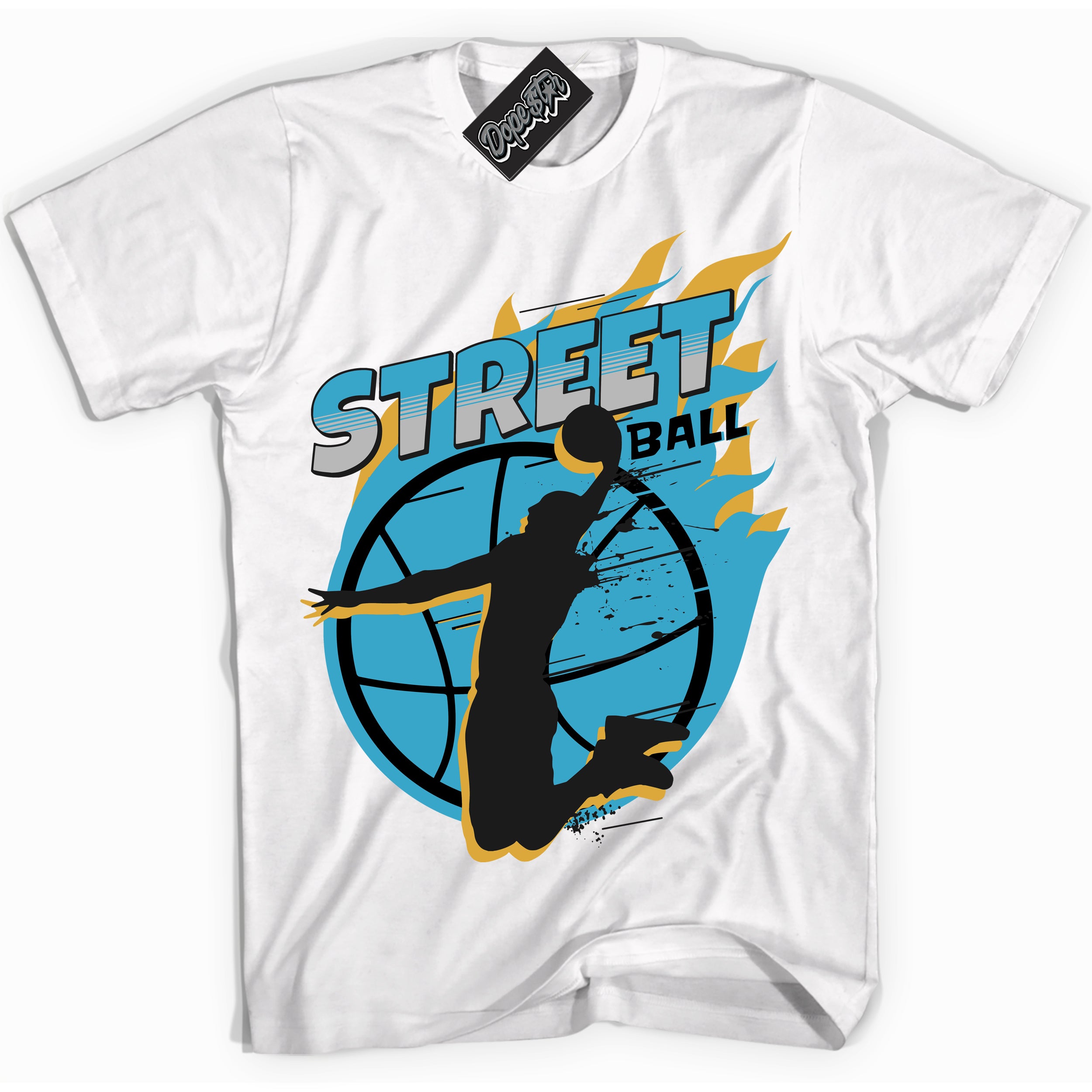 Cool White Shirt with “ Street Ball” design that perfectly matches Aqua 5s Sneakers.
