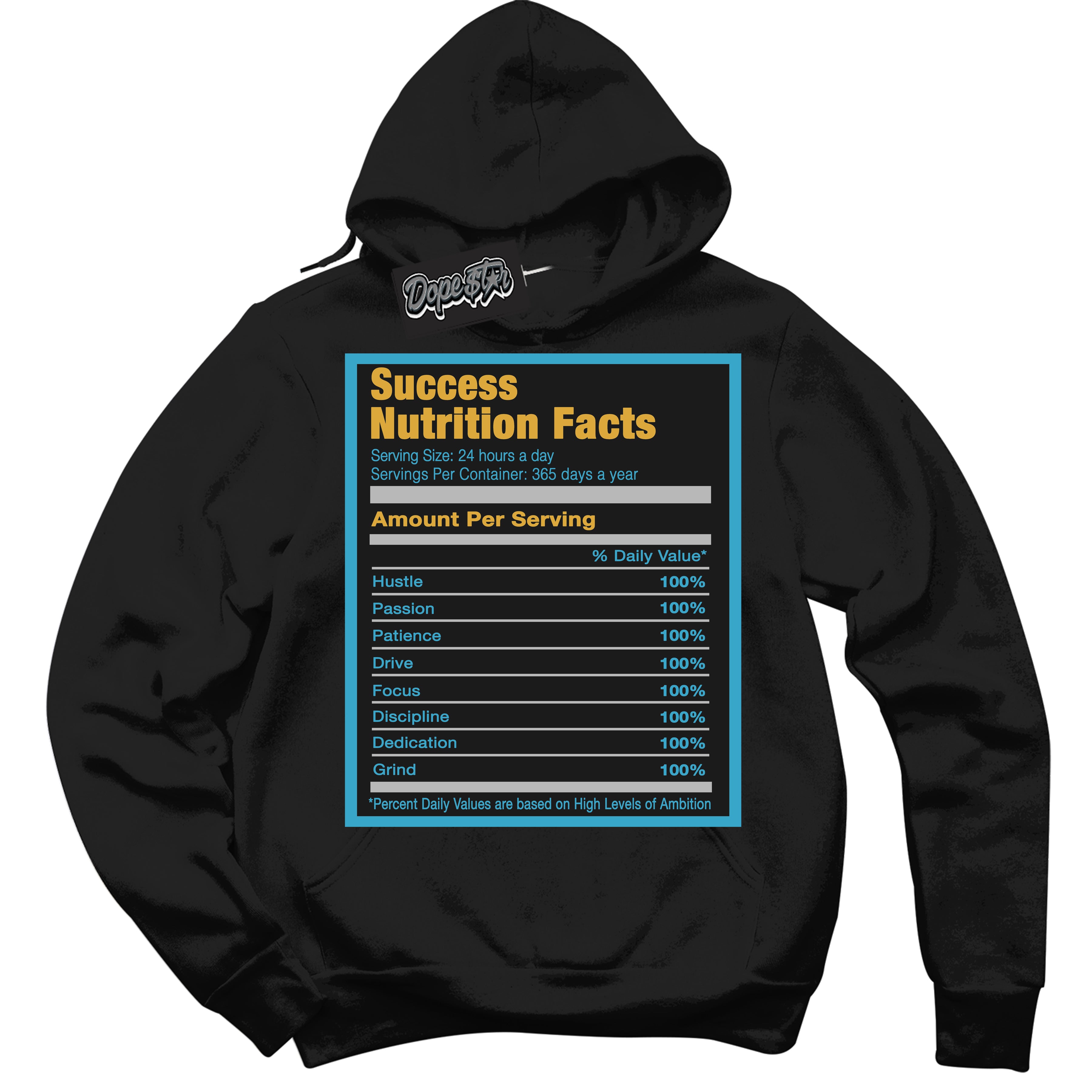 Cool Black Hoodie with “ Success Nutrition ” design that Perfectly Matches Aqua 5s Sneakers.