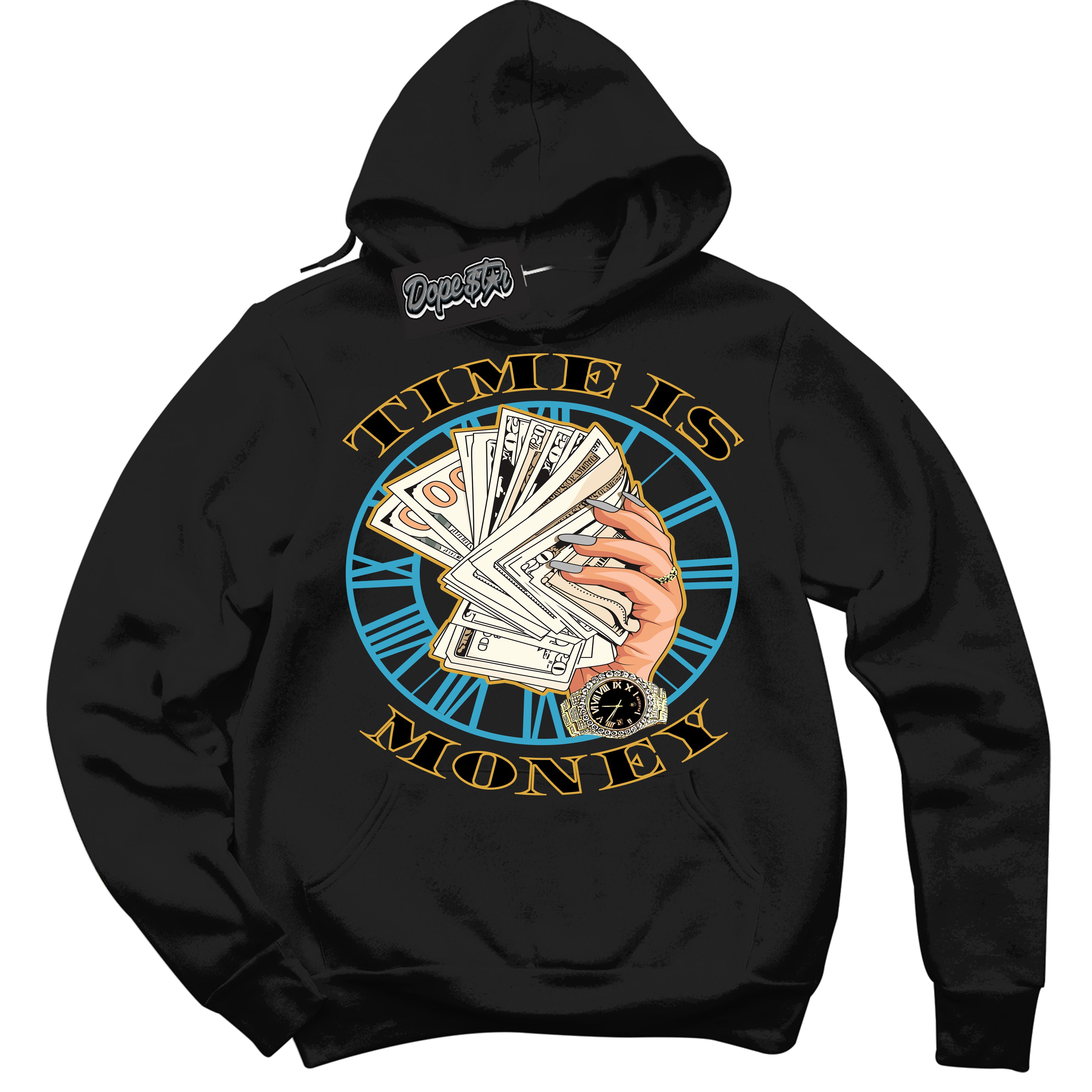 Cool Black Hoodie with “ Time Is Money ” design that Perfectly Matches Aqua 5s Sneakers.