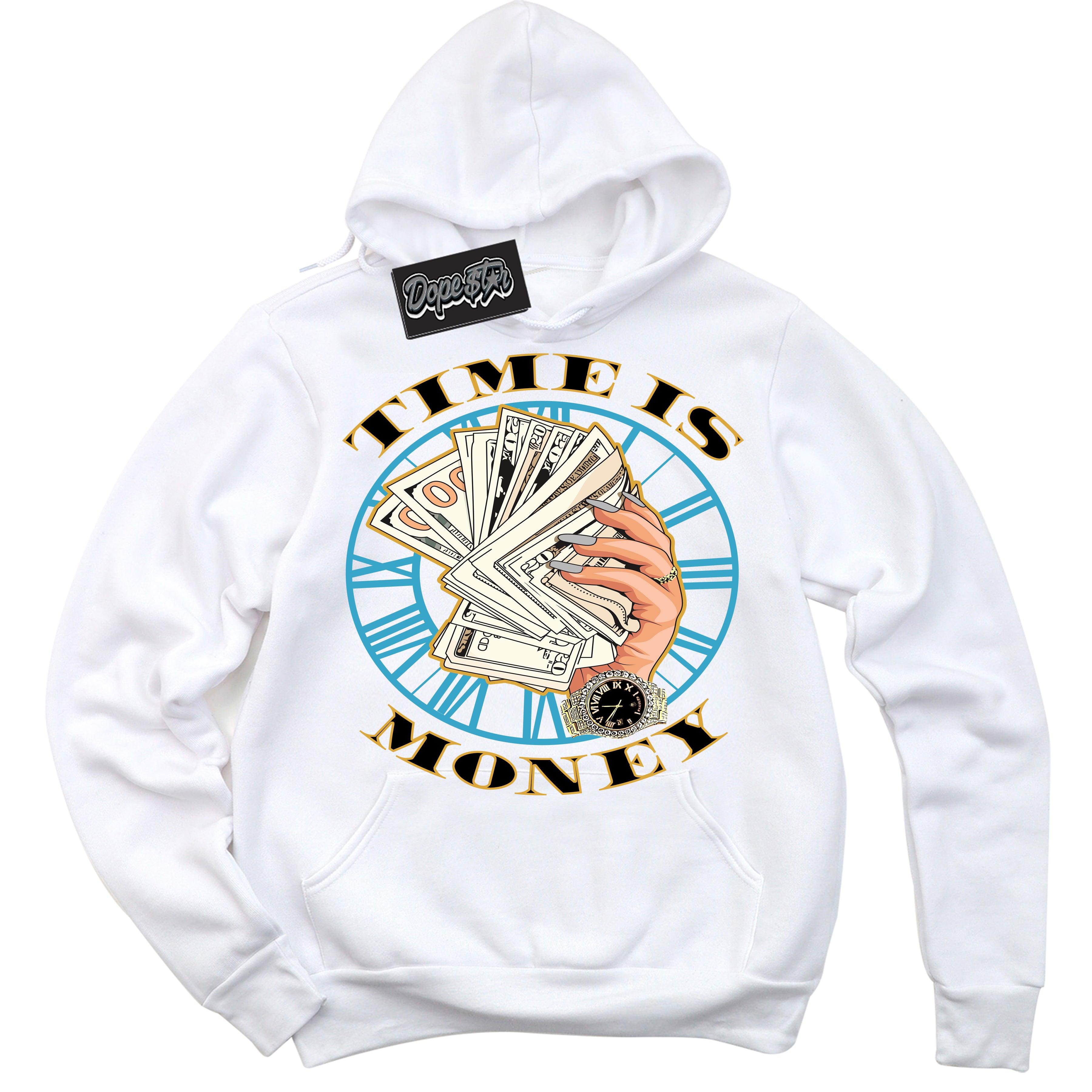 Cool White Hoodie with “ Time Is Money ” design that Perfectly Matches Aqua 5s Sneakers.