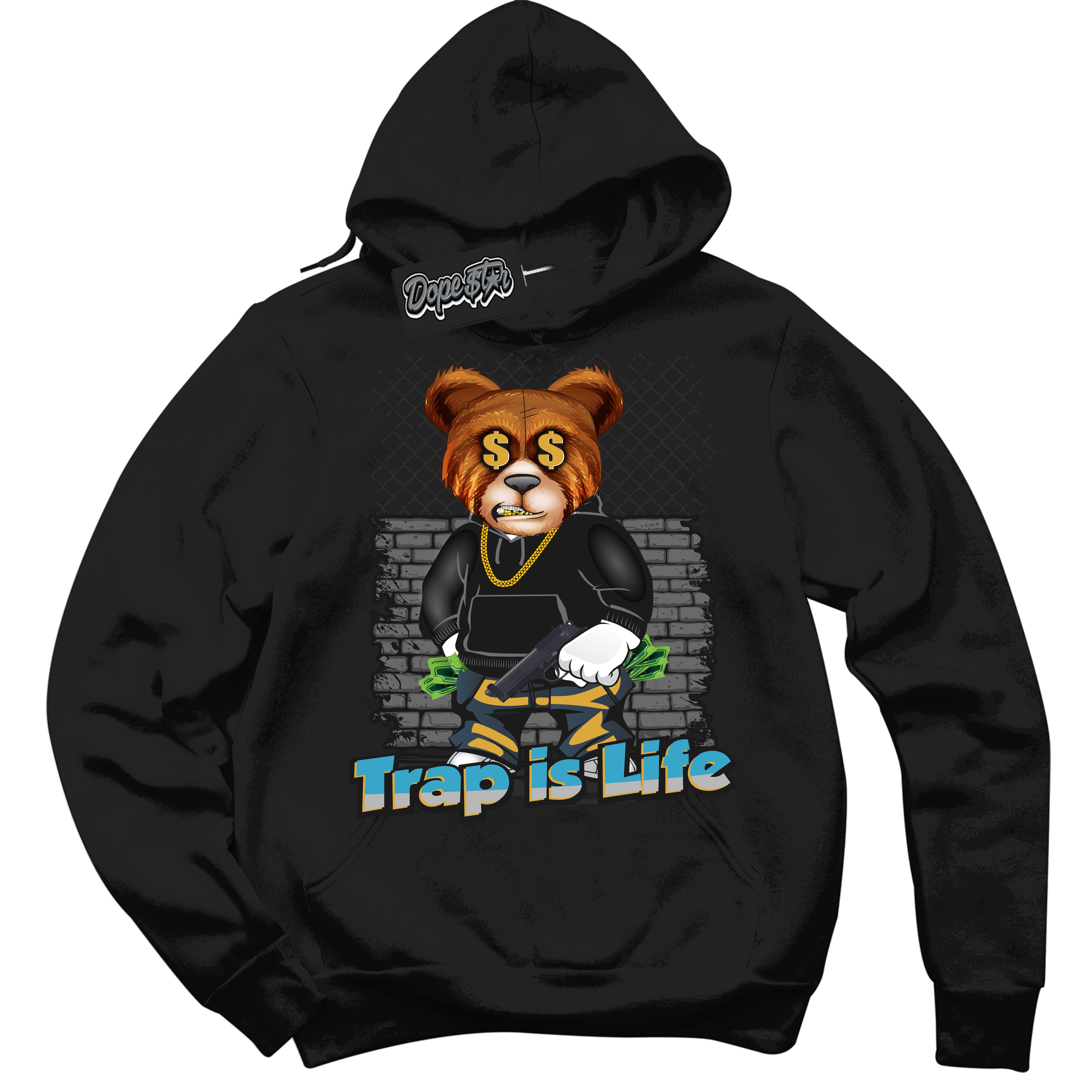 Cool Black Hoodie with “ Trap Is Life ” design that Perfectly Matches Aqua 5s Sneakers.