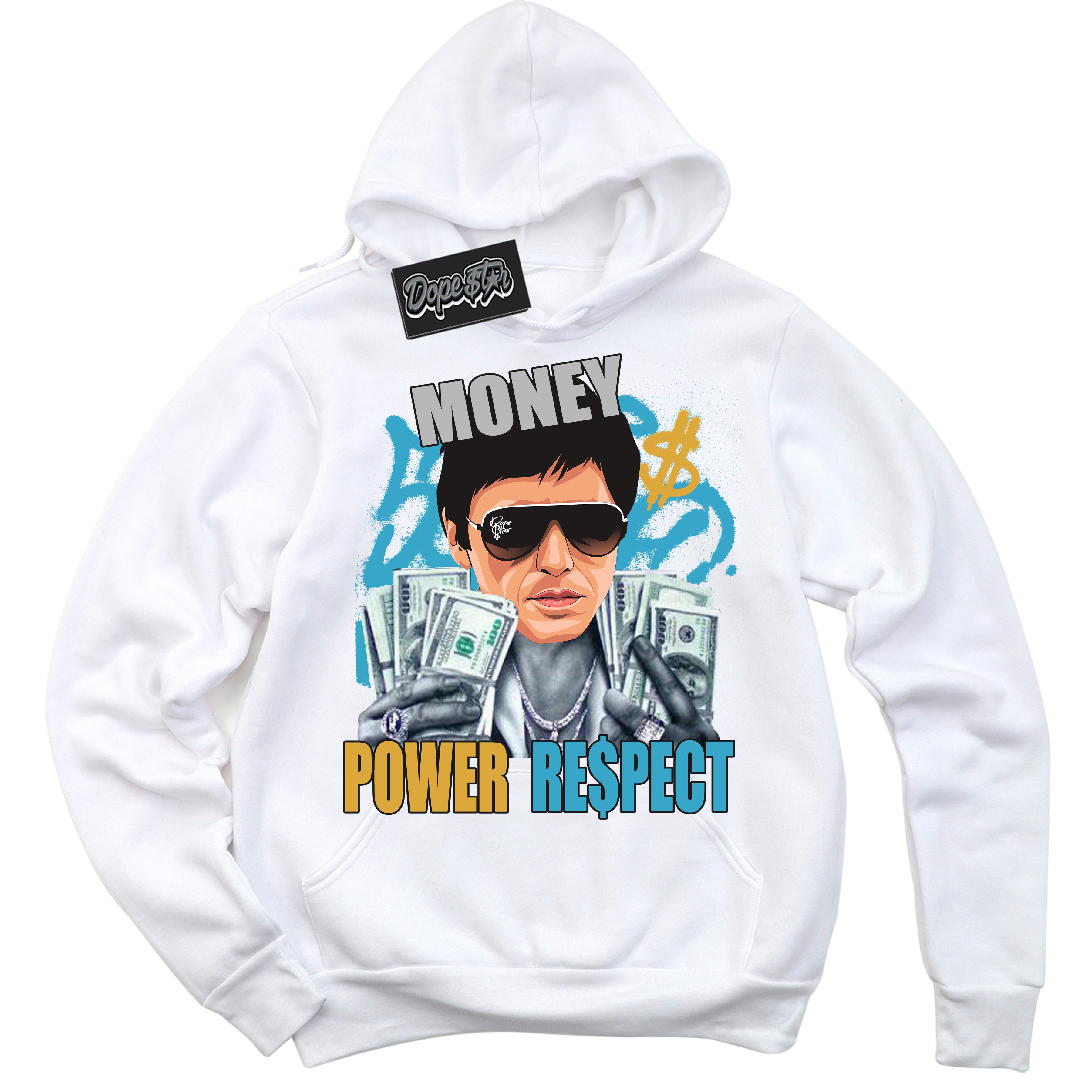 Cool White Hoodie with “ Tony Montana ” design that Perfectly Matches Aqua 5s Sneakers.