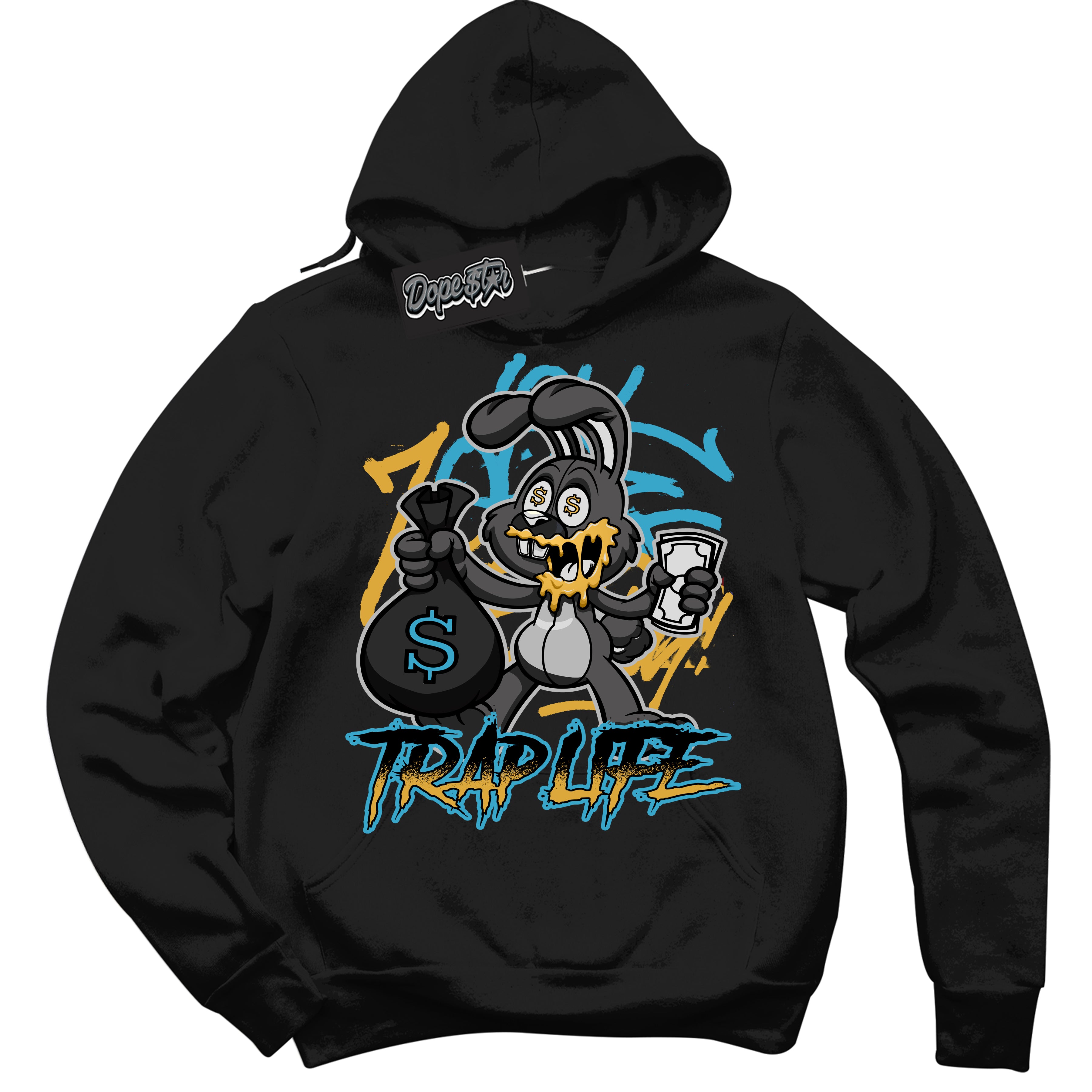 Cool Black Hoodie with “ Trap Rabbit ” design that Perfectly Matches Aqua 5s Sneakers.