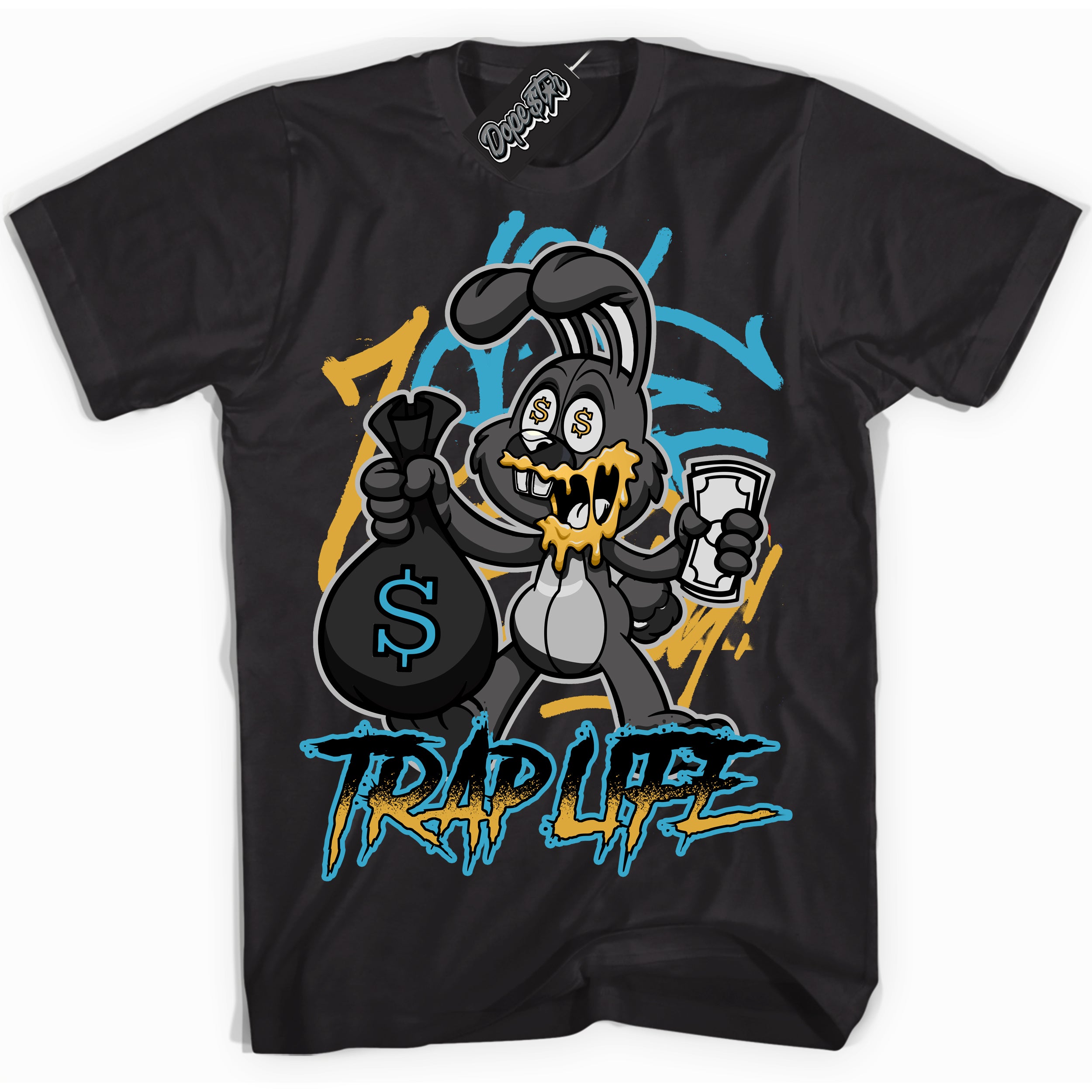 Cool Black Shirt with “ Trap Rabbit” design that perfectly matches Aqua 5s Sneakers.