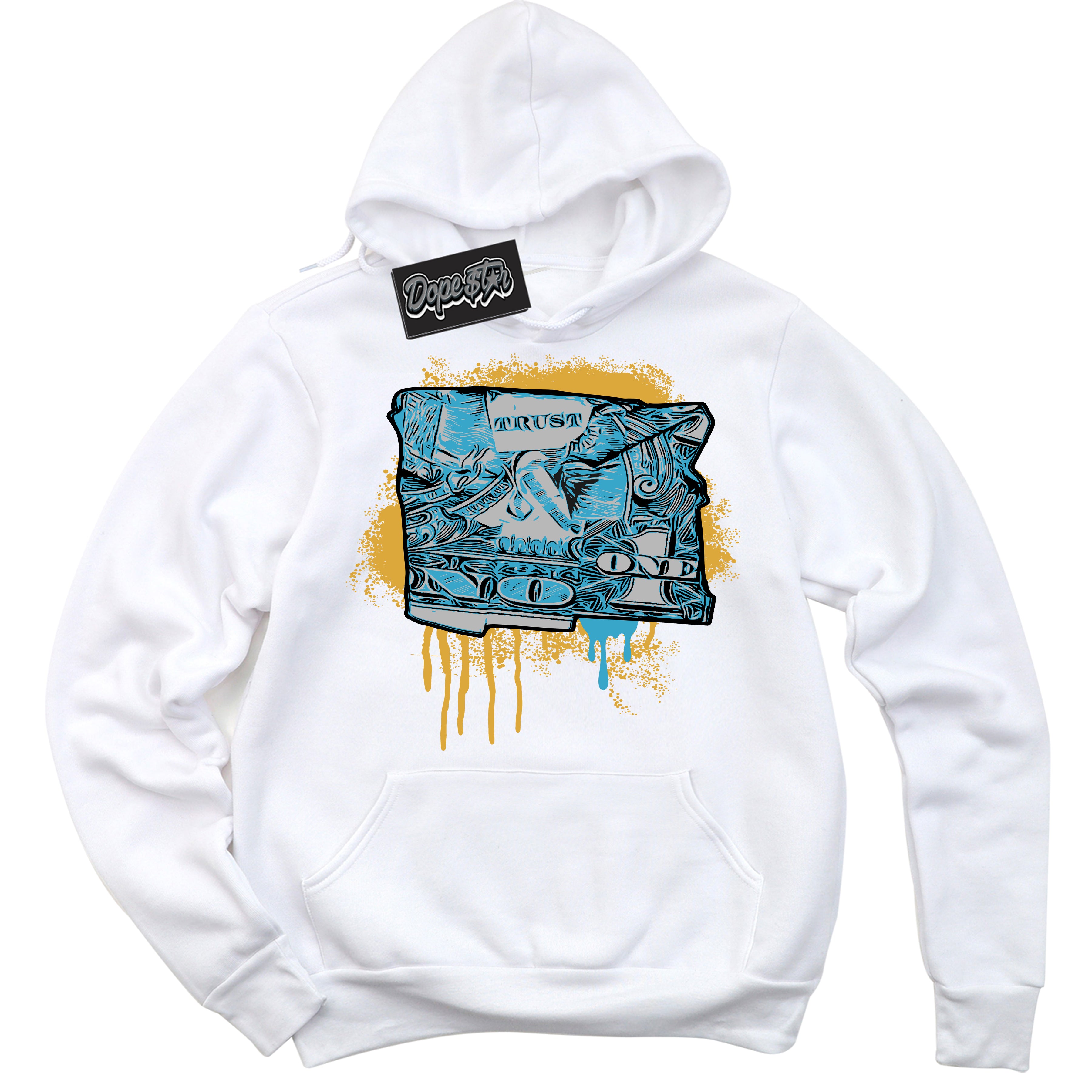 Cool White Hoodie with “ Trust No One Dollar ” design that Perfectly Matches Aqua 5s Sneakers.