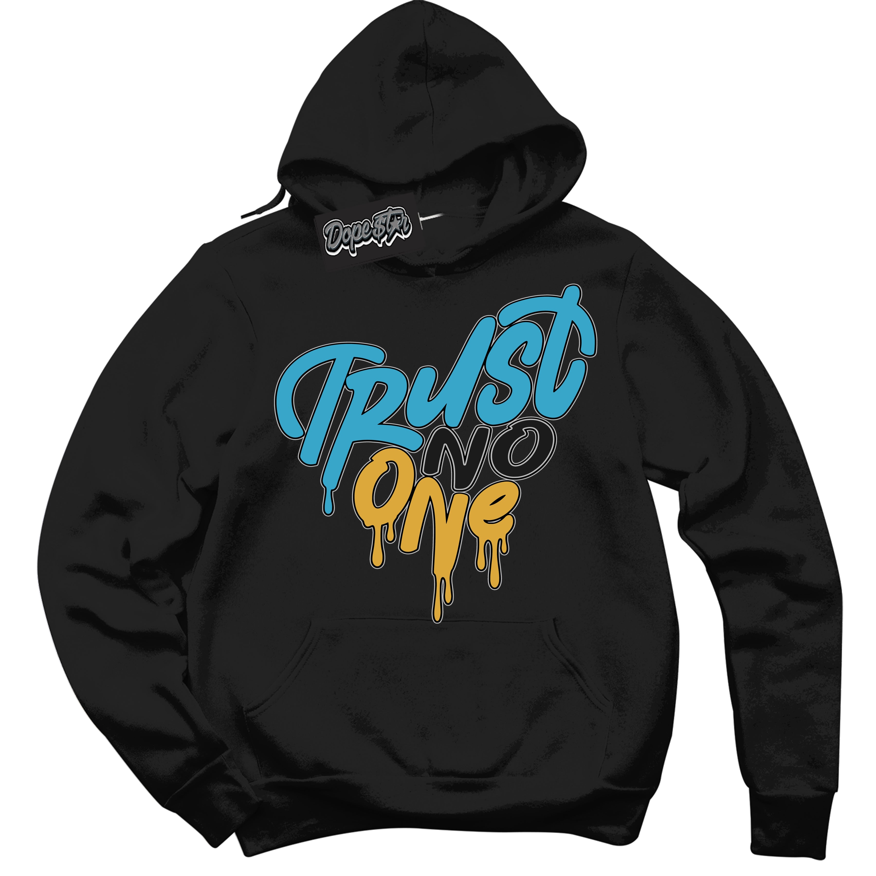 Cool Black Hoodie with “ Trust No One Heart ” design that Perfectly Matches Aqua 5s Sneakers.