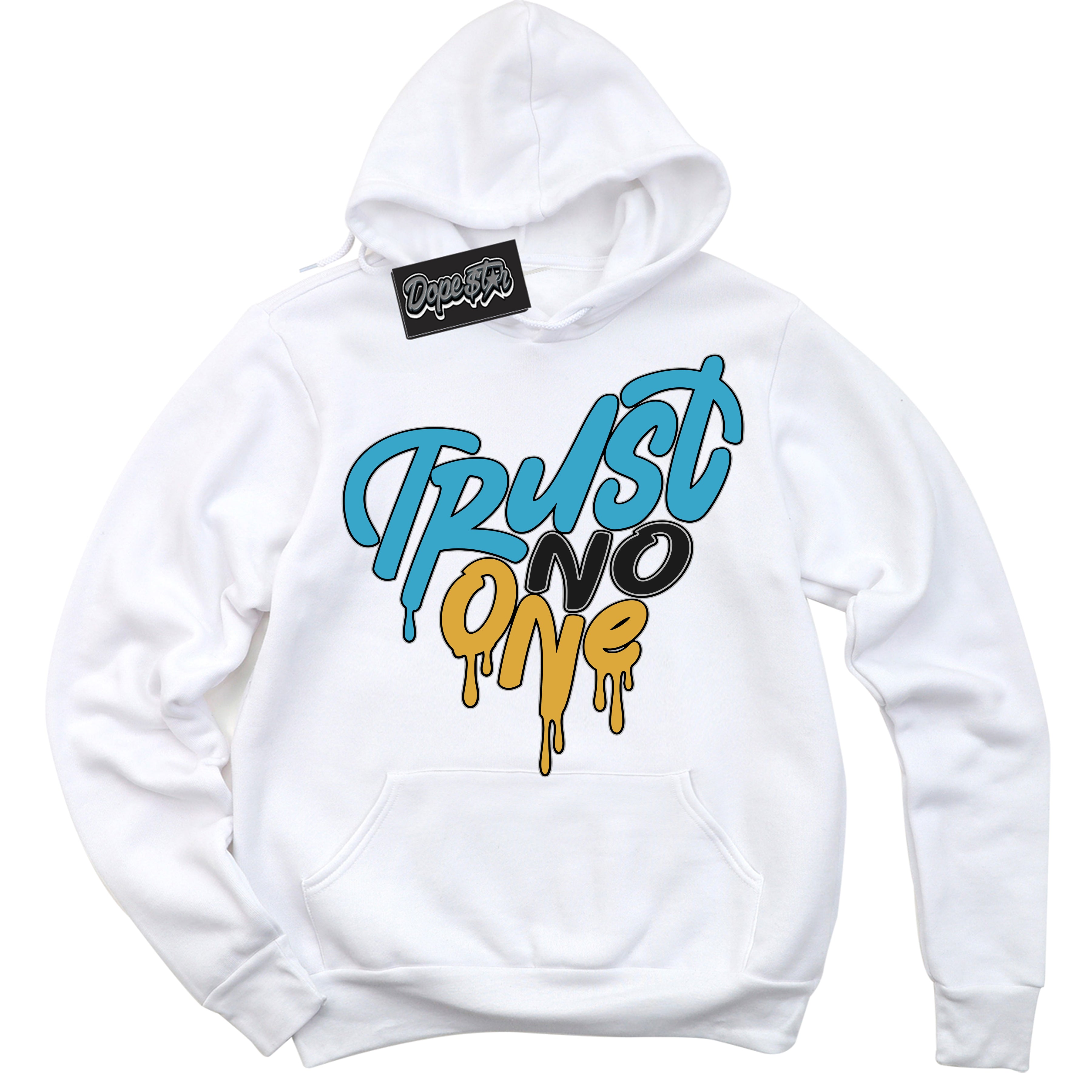 Cool White Hoodie with “ Trust No One Heart ” design that Perfectly Matches Aqua 5s Sneakers.