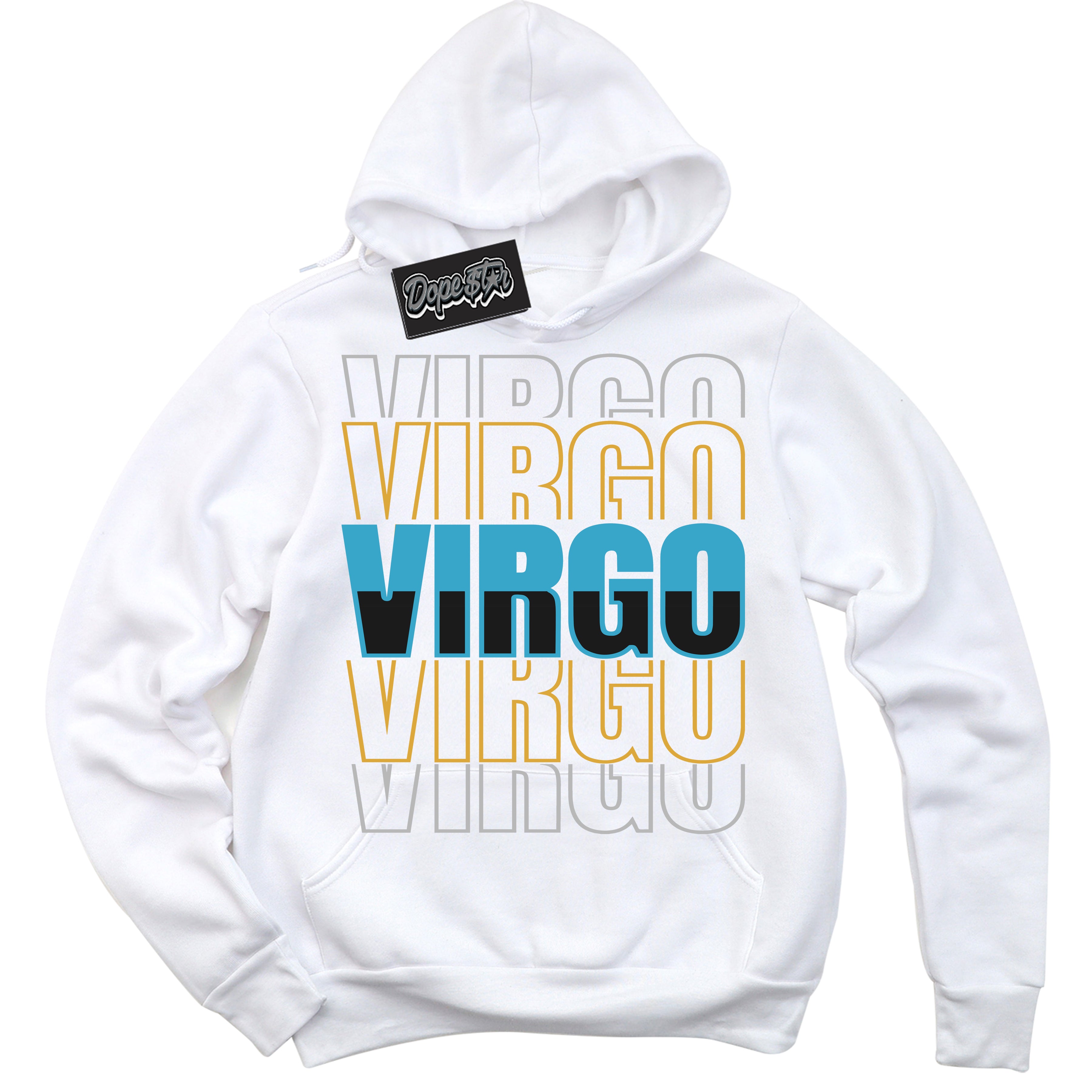 Cool White Hoodie with “ Virgo ” design that Perfectly Matches Aqua 5s Sneakers.
