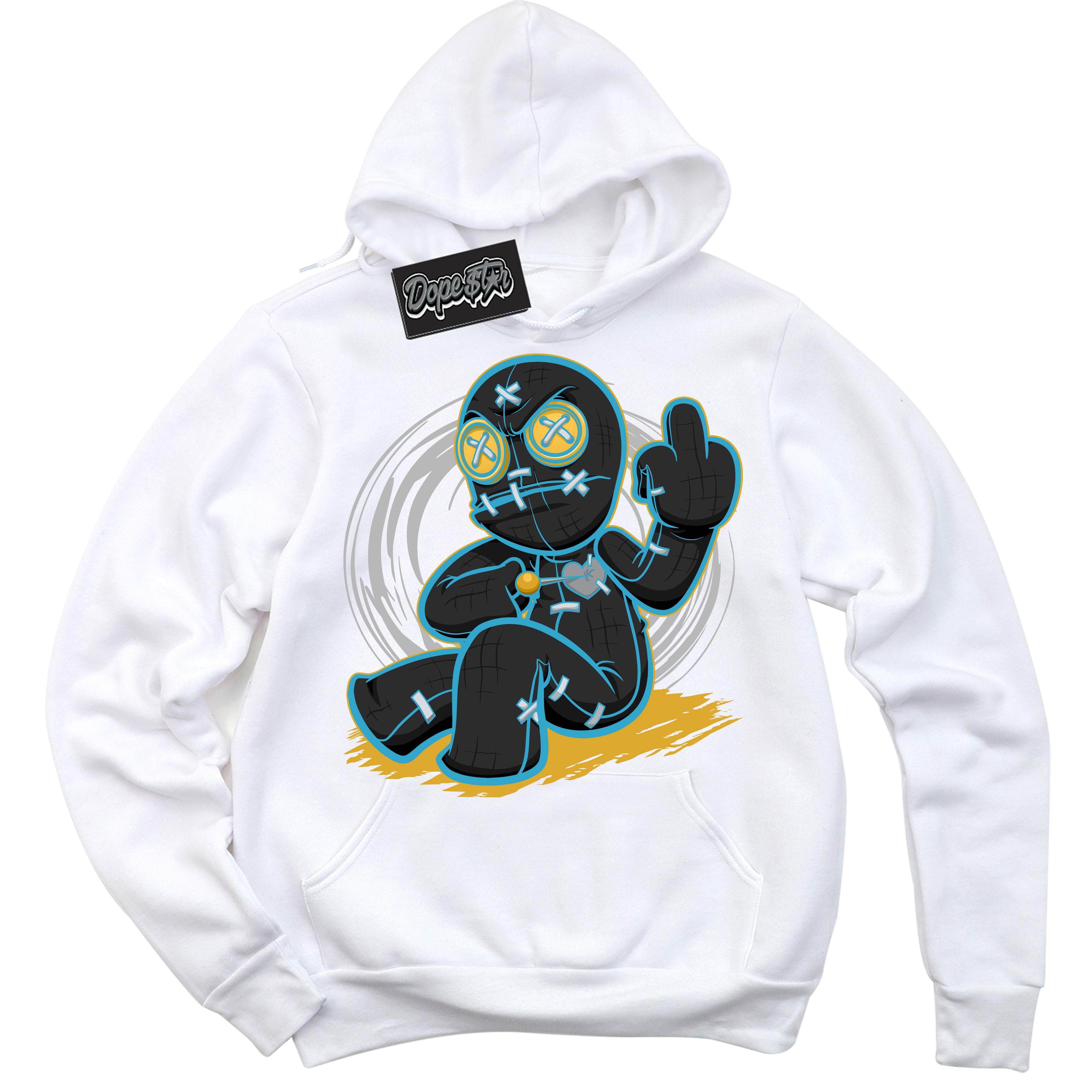 Cool White Hoodie with “ VooDoo Doll ” design that Perfectly Matches Aqua 5s Sneakers.
