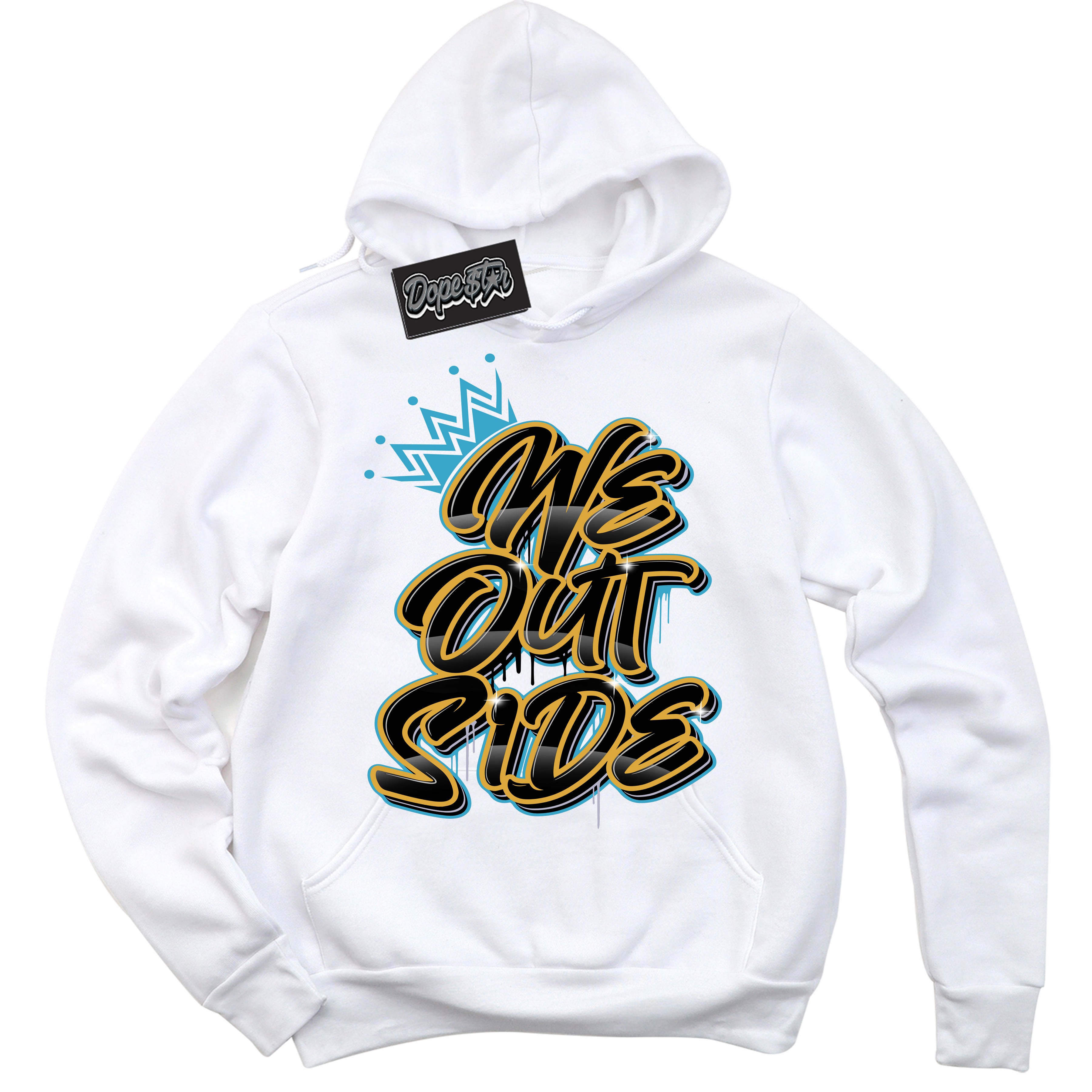 Cool White Hoodie with “ We Outside ” design that Perfectly Matches Aqua 5s Sneakers.