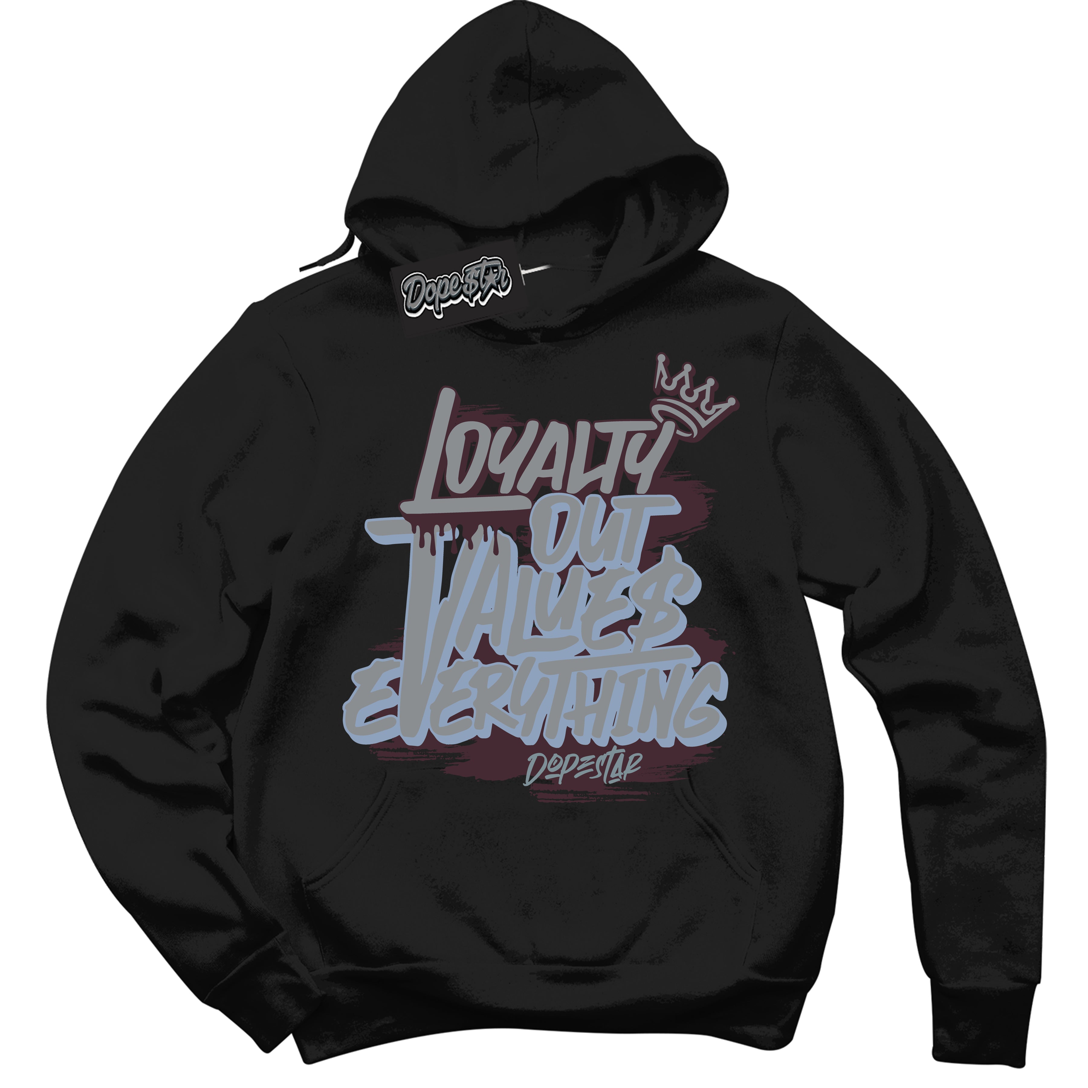 Cool Black Hoodie with “ Loyalty Out Values Everything ” design that Perfectly Matches Burgundy 5s Sneakers.