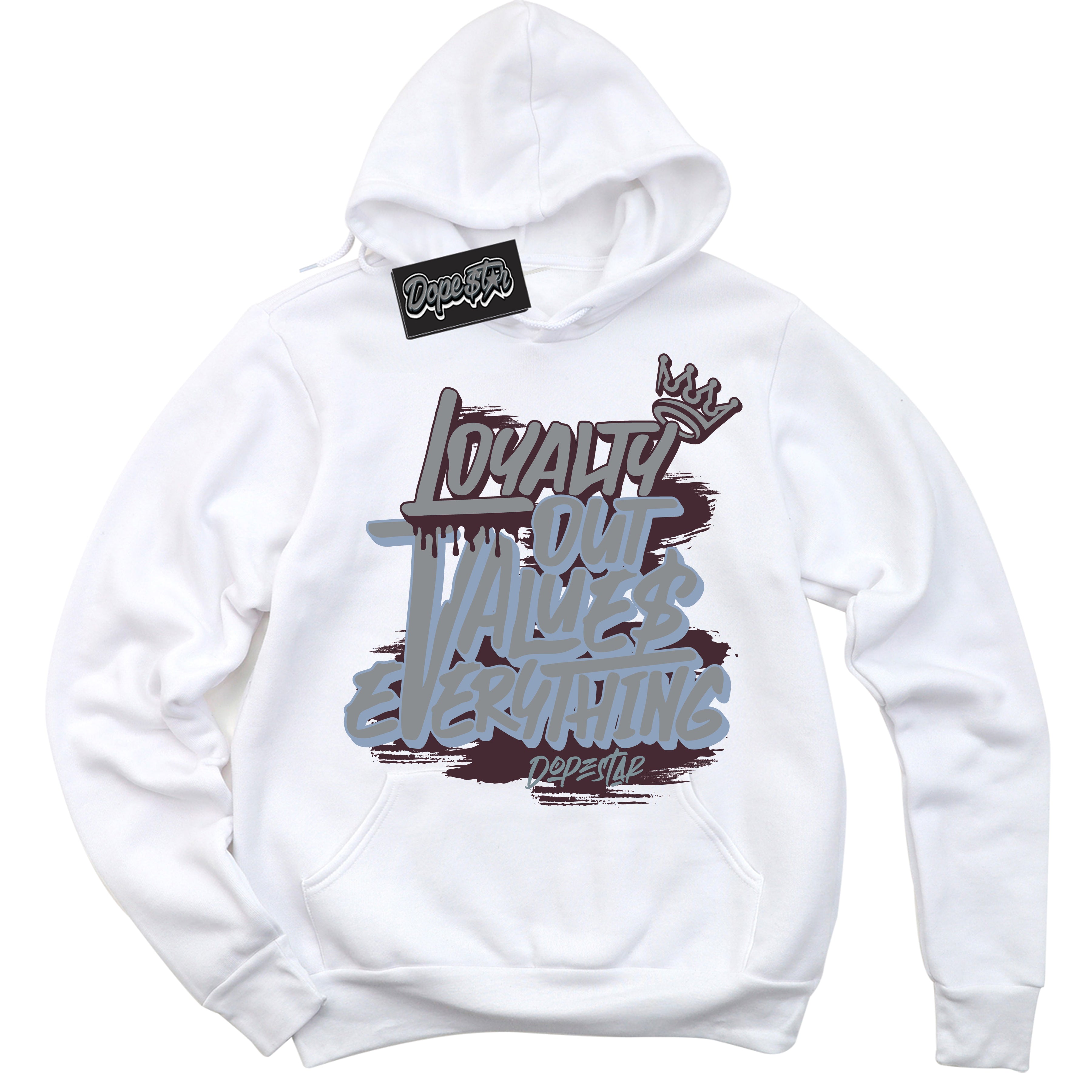 Cool White Hoodie with “ Loyalty Out Values Everything ” design that Perfectly Matches Burgundy 5s Sneakers.