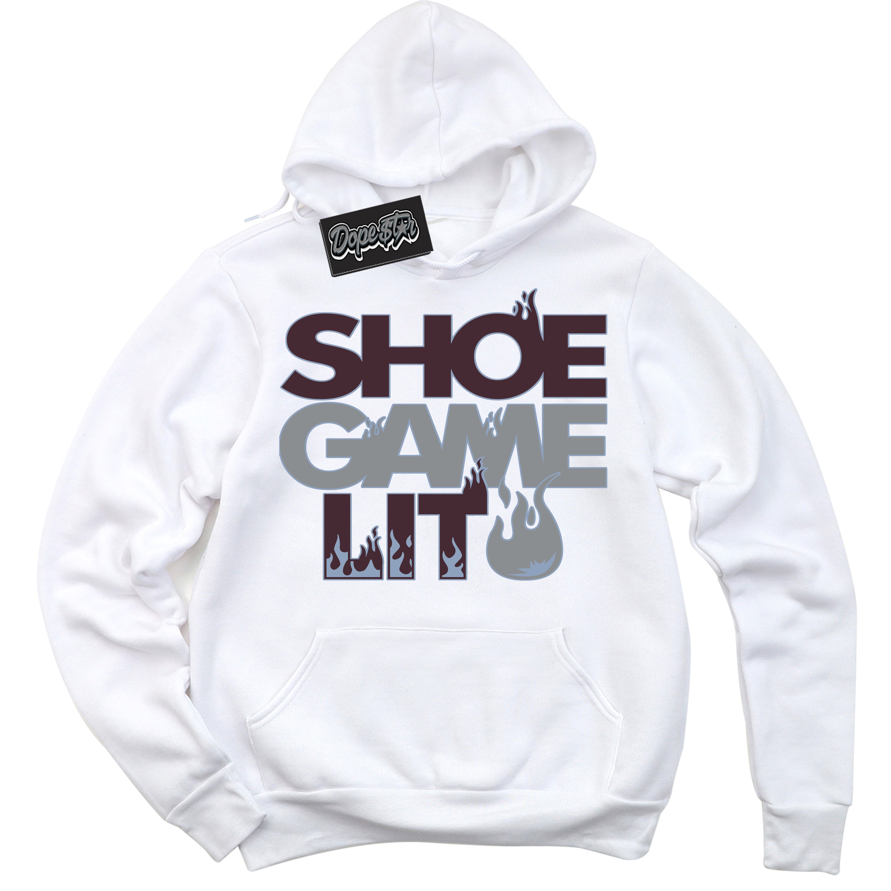 Cool White Hoodie with “ Shoe Game Lit '' design that Perfectly Matches Burgundy 5s Sneakers.
